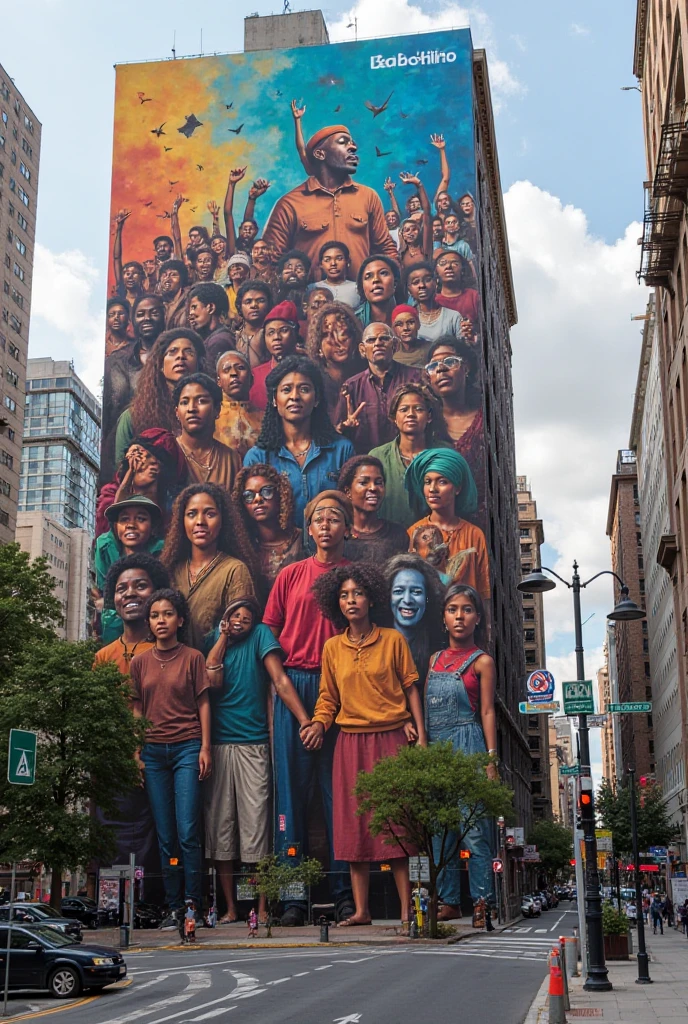 A mural with the theme of solidarity that has a characteristic drawing and the drawing style is street art. 