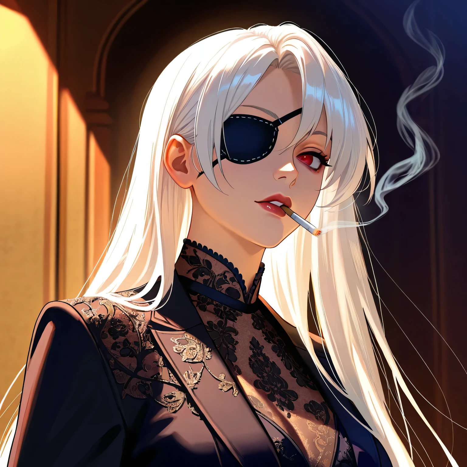 quanxi, mistress, elegant woman standing, intricate details of face, dramatic lighting, high fashion photography, 8K, ultra-detailed, photorealistic, eye, white hair, eye patch, eye patch, anime, manga, smoking, white hair, evil, solo, Высокое разрешение, Конский хвост, Груди, В профиль, Размытие в движении, Рендеринг 8K, lady