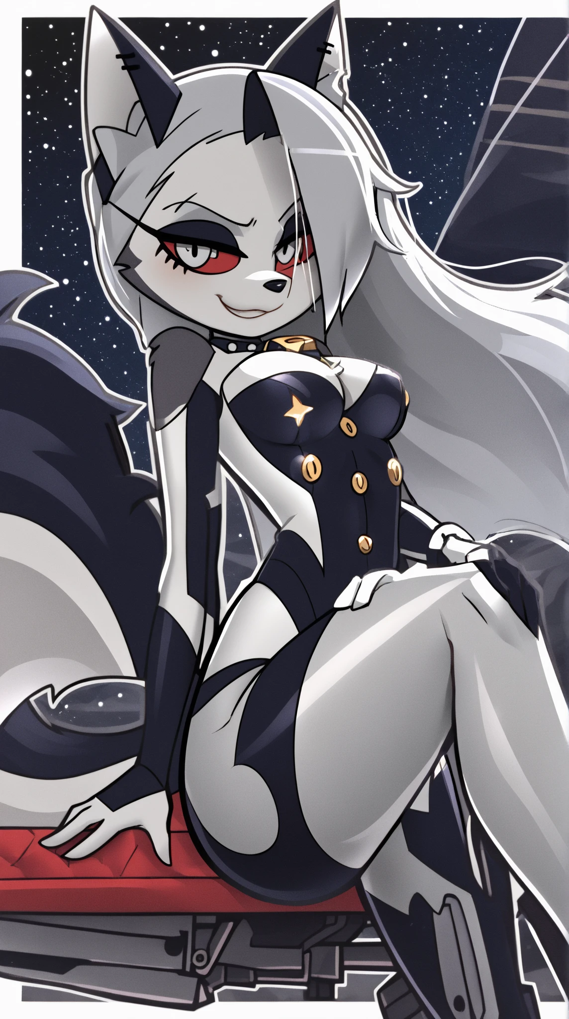 long blond hair girl with white fow hears and white fox tail, blue eyes, beautiful body, wearing black turtleneck dress and black gloves