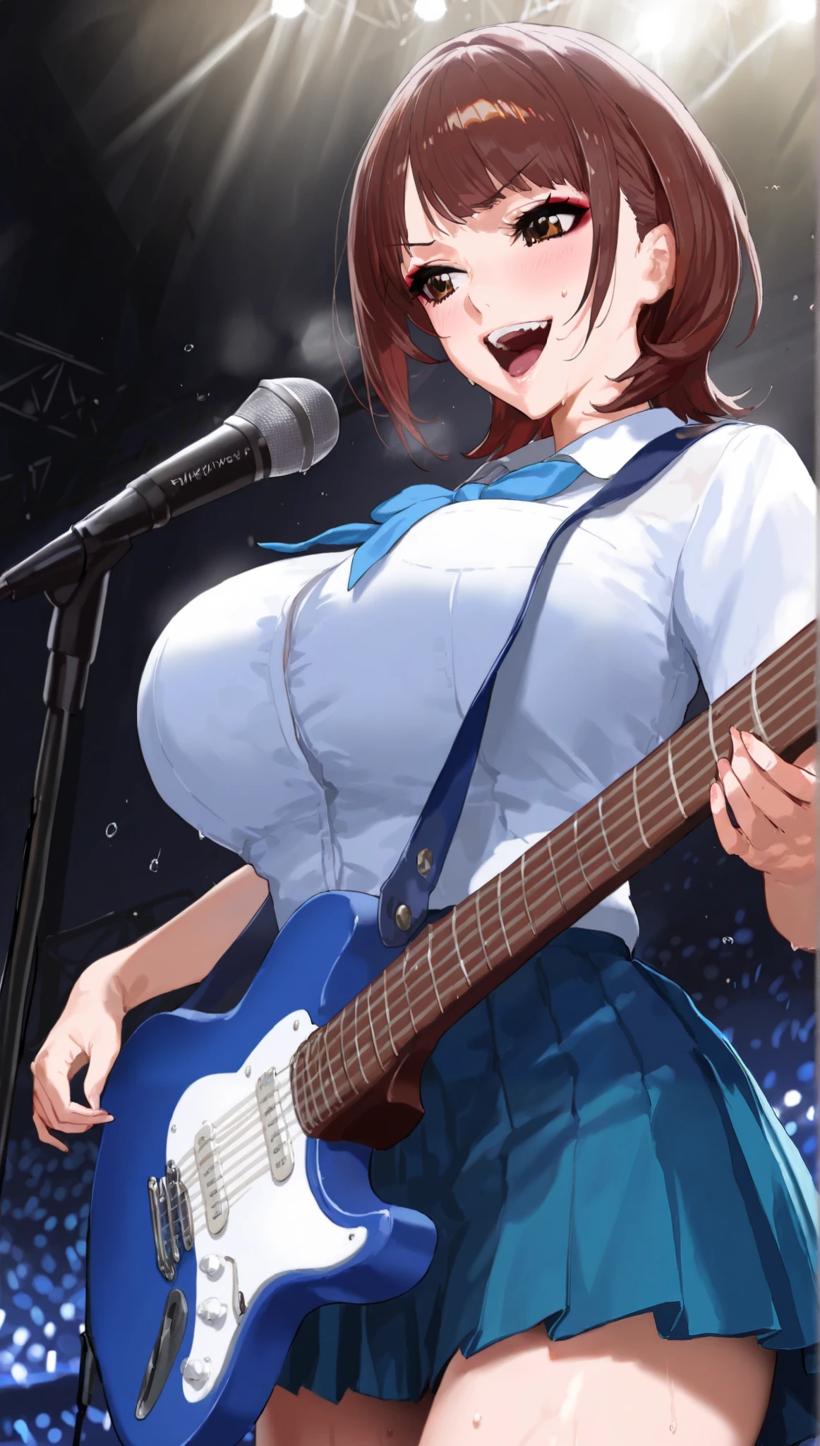 (((NSFW)))、((Masterpiece, Highest quality、Super detailed, Attention to detail))、Tabletop、girl、((high school girl、Black Hair、(Very Short Hair)、Slit eyes、Red Eyes、eight-headed body、Model-like style、Slender、School uniforms))、(White Shirt、Black Skirt、Black knee-high socks、Black Loafers)、Silver earringultiple silver accessories、Silver Ring、Silver Ring、bandギャル、(((Red electric guitar)))、(((liveハウス、live、band、Dim lighting)))、(((Standing and playing guitar)))、((live、Playing the guitar、On stage))、((No bra、No underwear))、(((Sweating a lot、Sweat dripping、Sweat vapor)))、(((Wet Hair)))、(((Body odor)))、((Sweaty smell、Clothes get wet、Sweat stains))、((((Love juice overflows from the ))))、((I can see the vaginakirt flipped up))le、Angle from below