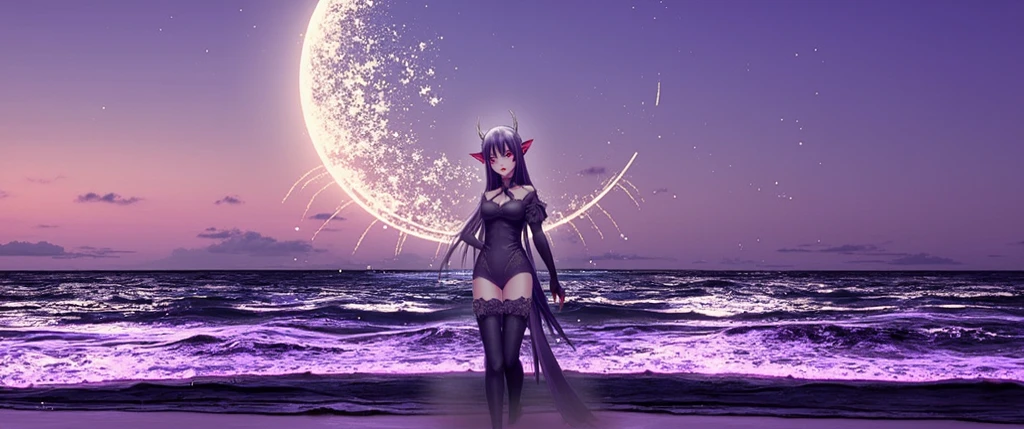 Anime girl standing on the beach，The background is a crescent, beautiful fantasy anime, nightcore, An anime cover, by Yang J, Anime fantasy artwork, Beautiful anime, Anime fantasy illustration, anime wallaper, 4K anime wallpaper, ethereal anime, Beautiful celestial mage, Official artwork, anime wallpaper, Guviz, 2. 5 D CGI anime fantasy artwork