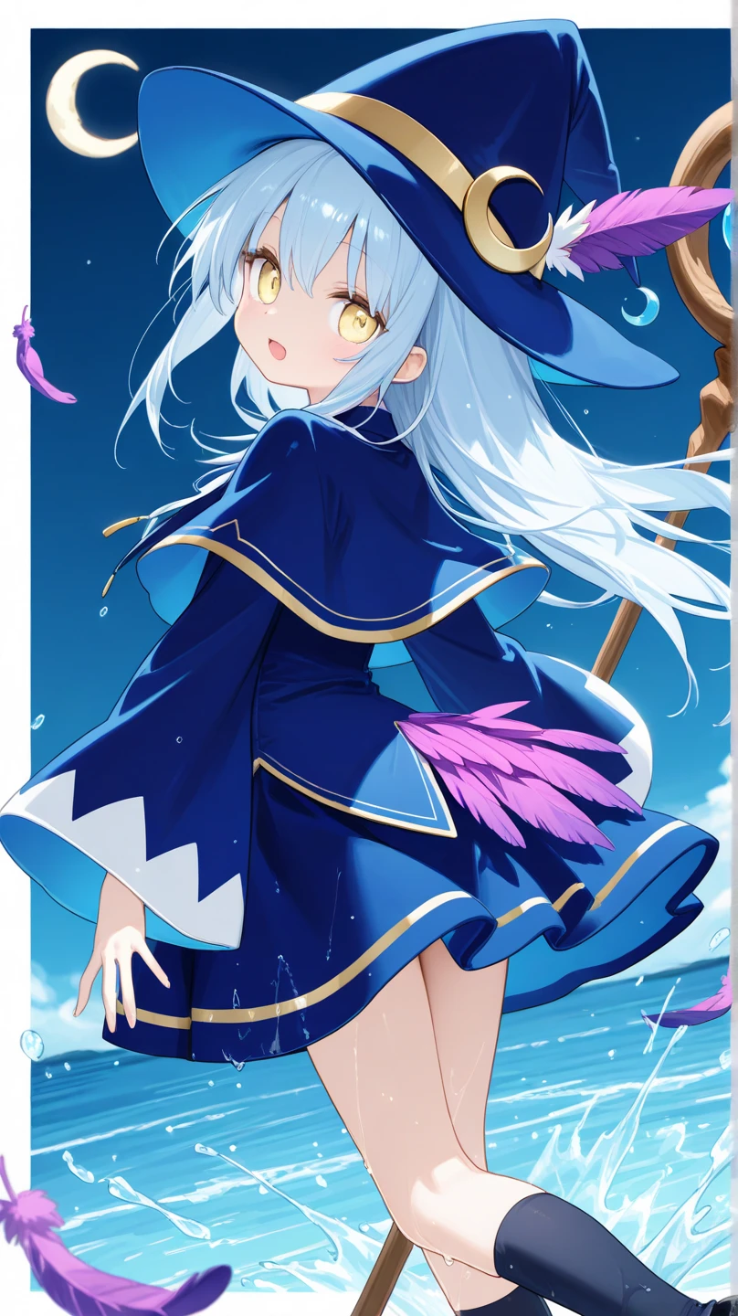 1girl, miyako \(princess connect!\), long hair, pantyhose, solo, black legwear, scarf, sleeves past wrists, long sleeves, :t, pout, sleeves past fingers, holding, skirt, closed mouth, blush, boots, red eyes, looking at viewer, white footwear, staff, v-shaped eyebrows, frills, wide sleeves, orange skirt, ribbon, star \(symbol\), very long hair, brown scarf, white ribbon, holding staff, white shirt, frilled sleeves, two side up, shirt, pleated skirt, orange scarf, shoes, silver hair, blue hair, shoe soles, frilled skirt, layered skirt, forehead, hair ribbon, brown footwear, parted bangs, jacket, wavy mouth, eyebrows visible through hair, brown eyes, very long sleeves, purple eyes, knees up, yellow skirt, masterpiece, best quality <lora:miyako_princess_connect_sdxl_v1:0.7>