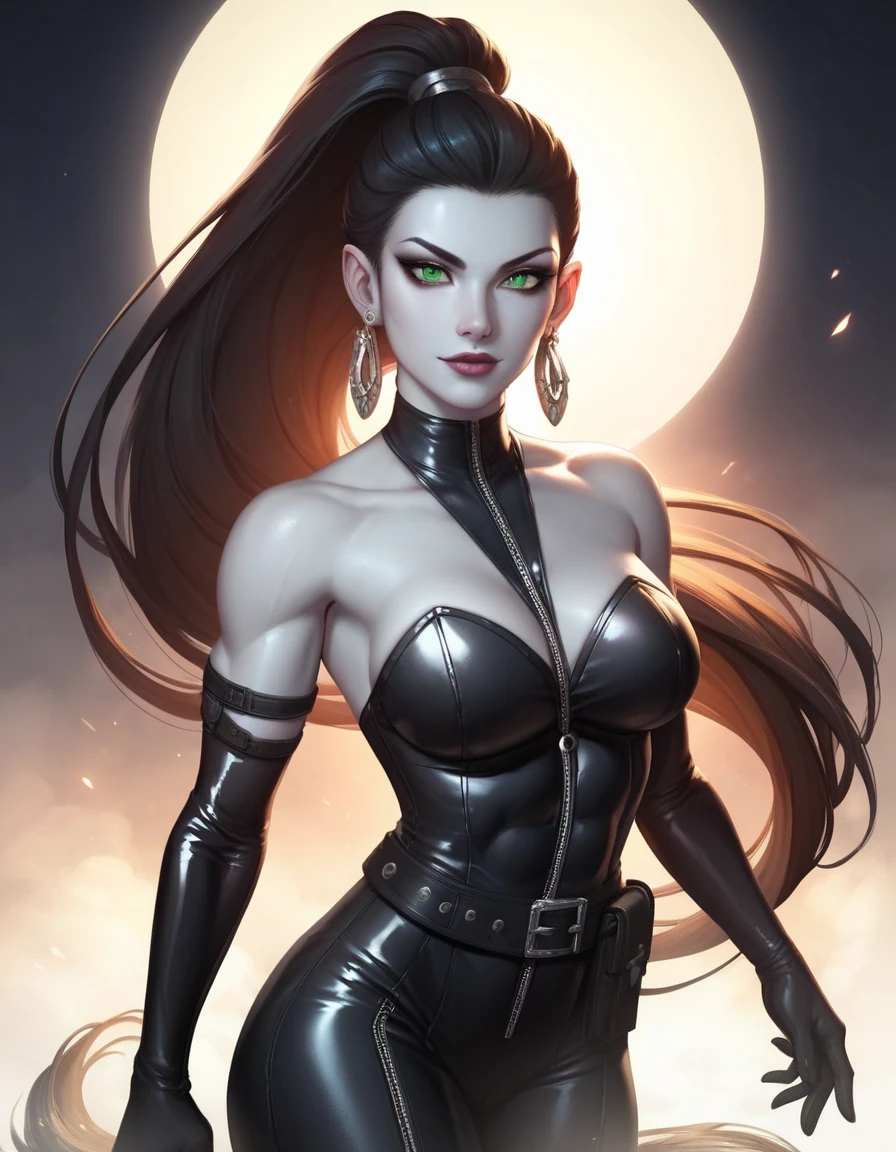 (beste-Qualit), (tmasterpiece), (Gloomy color scheme:1.5), ((Close-up of a girl in a suit)), 1girl in costume, androgynous vampire, junji ito 4 k, with long dark hair, ito junji art, style of junji ito, Dark Costume, portrait of sadako of the ring, Gentle androgynous princess , Beautiful androgynous princess , with her long black hair, girl in suit, stocklings, (big yellow eyes:1.3), fangs, detailing, (generous cleavage), Burst breasts, extra high resolution, 8K, (The blood on her lips runs down her neck), (Lovely Medium Breasts), perfect anatomy, (Gloomy color scheme:1.5), (shapely body), Microthongs, Beautiful slender legs, sexypose, (Hands Behind Your Back:1.2), (Looking down), (The gaze is directed downwards), (Night Sky Background: Red Moon)