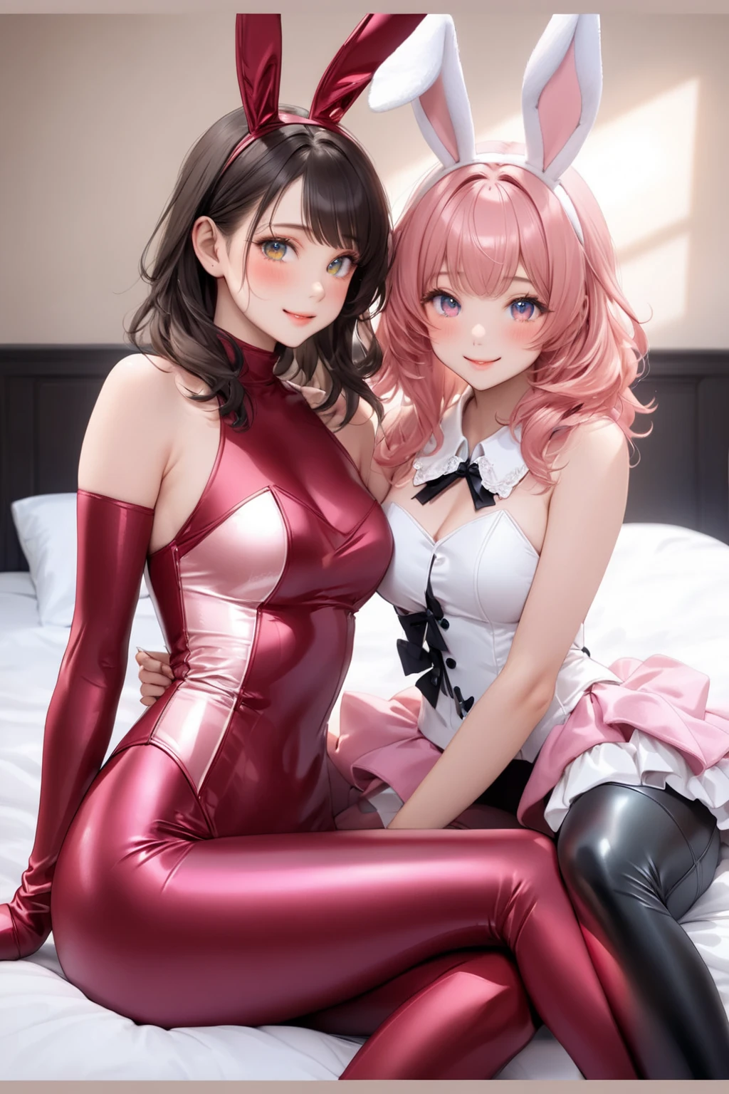 Starfire, redhead, shiny_dress, pink_silk_glossy_fabric, skinny, thin_legs, lace, nightwear, glossy_fabric, shiny, short_dress, cleavage, glossy_fabric, long_hair, skinny, bedroom, gentle_smile, blushing, beautiful, female, high resolution, 8k