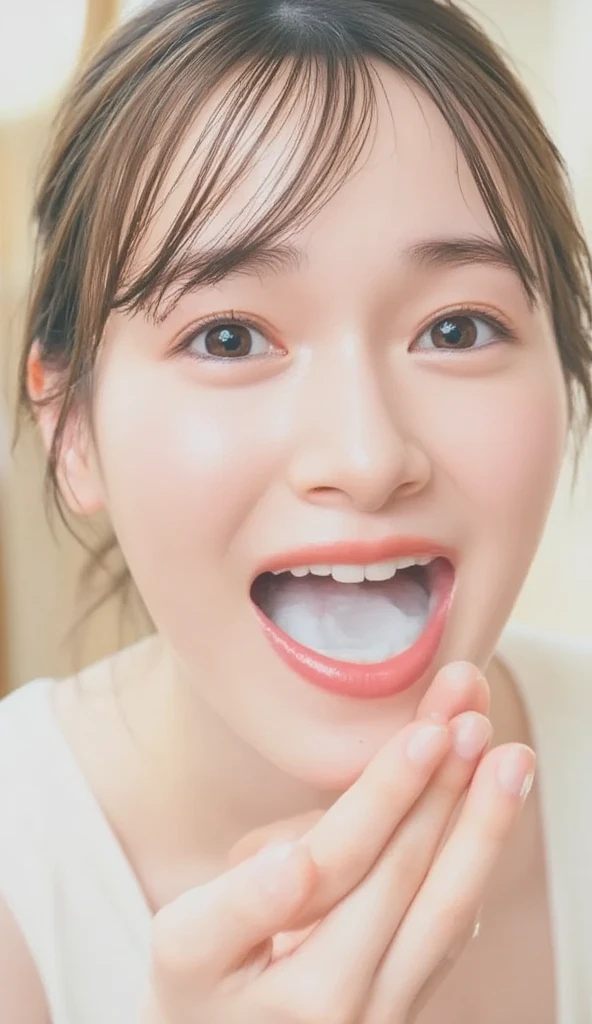 ((highest quality、table top、8k、best image quality、Award-winning work、Ultra high definition))、(A big smile showing beautiful white teeth:1.2)、(beautiful beach:1.1)、(Perfect white polyester collared short sleeve shirt:1.1)、(Perfect high school uniform white shirt made of polyester:1.1)、The most natural and perfect sea background、最も澄んだbeautiful sea、(Close-up of the front face:1.8)、black brown hair、hair swaying in the wind、sandy beach、beautiful sea、(鮮やかで澄んだbeautiful sea:1.1)、The most transparent sparkling sea、Complex sea glow、The most detailed and realistic sea、beautiful seaの詳細が描かれています、(Very bright and shiny skin:1.2)、(Super high resolution perfect beautiful teeth:1.1)、Ultra high definitionヘア、Ultra high definitionのキラキラ瞳、(Pure white skin shining in ultra-high resolution:1.2)、Super high resolution glossy lips、(A shiny face that is very brightly illuminated:1.3)、(very bright and vivid:1.5)、(Very refreshing:1.1)、(Brilliant white and beautiful skin:1.2)、(white shirt that shines very brightly:1.2)、(Very bright and shiny skin:1.2)、blurred background、(Face covered with a large amount of semen:1.7)、(Close-up of semen-covered face:1.7)、、(完璧にバランスが取れたUltra high definitionの美しい顔:1.1)