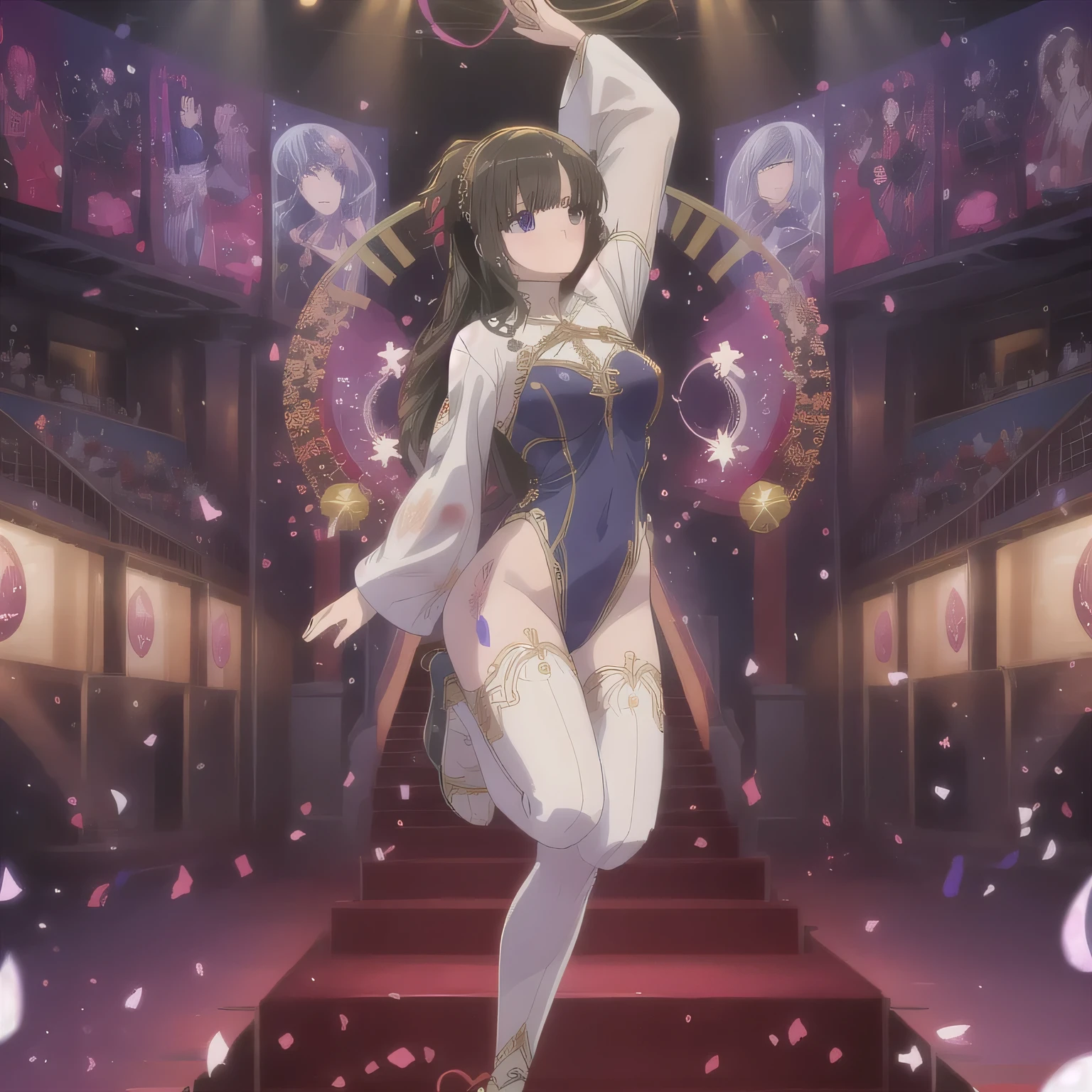 A breathtakingly beautiful 20-year-old woman performs a rhythmic gymnastics routine in a grand competition hall, adorned in an exquisitely designed leotard that enhances the elegance of her movements. The long ribbon swirls through the air, tracing intricate patterns that dance in harmony with her fluid motions. The stage lighting casts a soft glow, accentuating the breathtaking combination of grace, flexibility, and precision in her performance.dark hair, long hair, purple eyes.