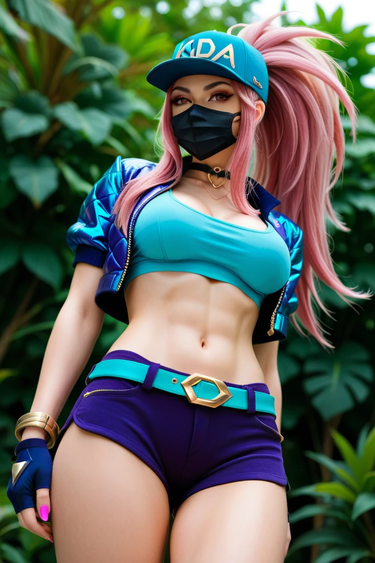 1girl, catgirl with pink hair and blue fur with gold eyes wearing a crop top and skirt