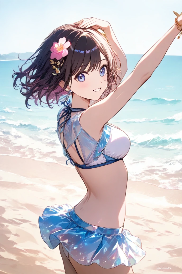 Create an image of a girl wearing summer clothes, standing under a vibrant blue sky. The image should capture the essence of summer, with a warm and sunny background. The girl should be in a typical summer pose, with a high-contrast effect and a subtle glow. The upper part of the screen should have a darker tone, gradually transitioning into a brighter tone towards the bottom.