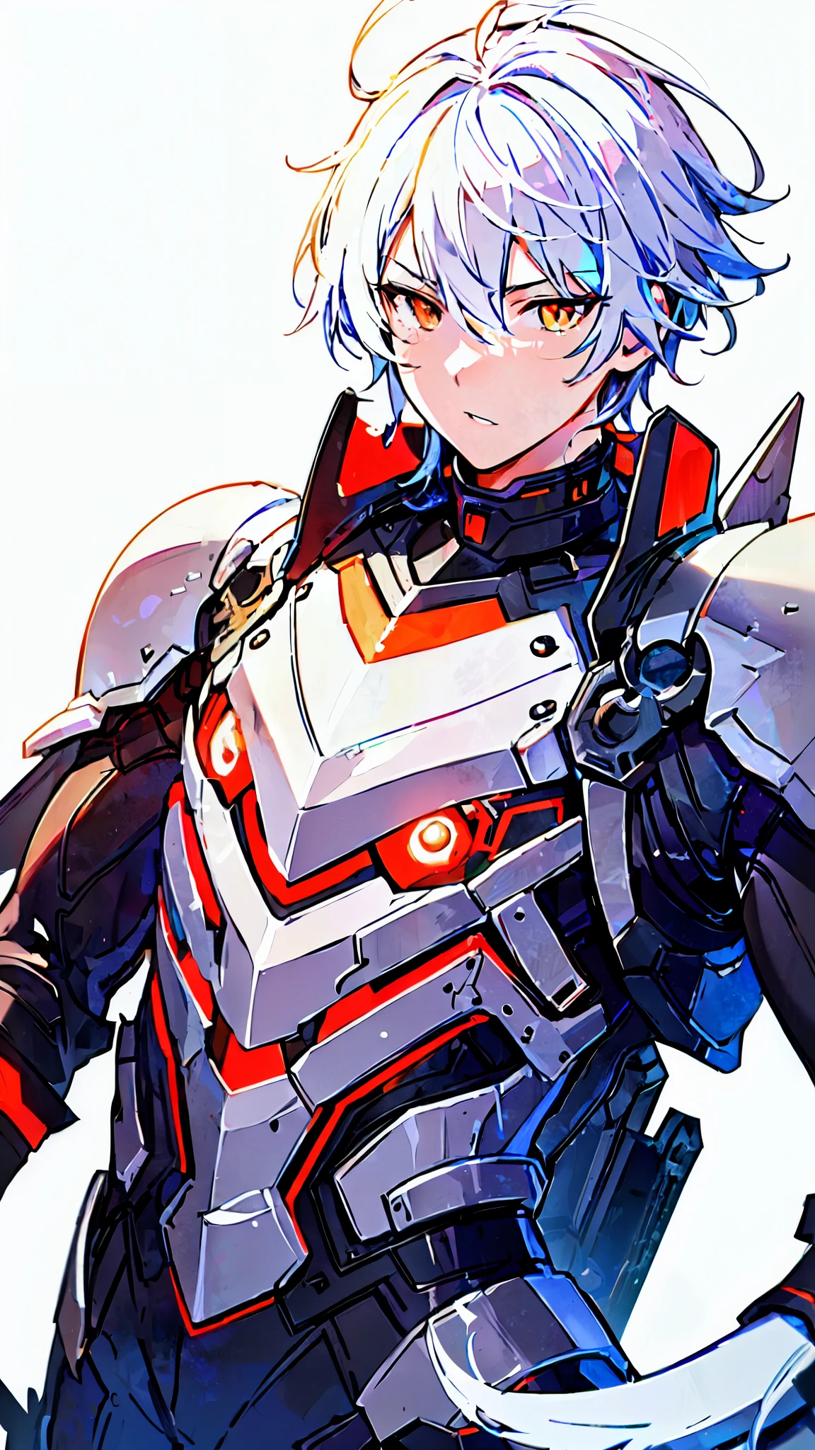 [(WHITE BACKGROUND:1.5),::5], ((masterpiece)), high quality, ultra very high resolution, full color, ((solo)), ((younger boy)), Black cyborg armor, (assassin armor), ((mechanical tail)), ((men's White hair)), (Orange eyes), anime, (upper body), face up, neon light,