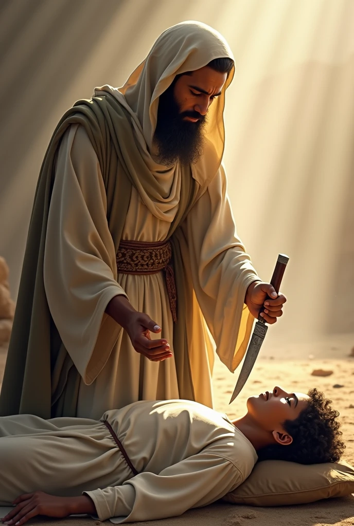 "Create a detailed digital artwork of the biblical scene where Abraham is about to sacrifice his son Isaac, who is around 20 years old. Isaac lies on a stone altar, his body tightly bound with ropes that coil around his torso and limbs. His eyes are closed, and his expression is peaceful, showing complete resignation as if he is asleep. Abraham, an elderly man with a sorrowful yet determined expression, stands over him, holding a knife. A beam of divine light breaks through the dark, stormy sky, illuminating the scene with a dramatic glow, while the background remains shrouded in deep shadow. The image should focus on the realistic details of the ropes, the stone altar, the emotional depth in the characters' faces, and the interplay of light and shadow, all in a high-definition digital art style."