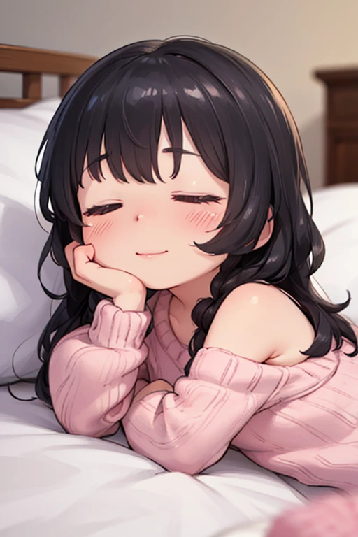 Sexy woman, eyes closed, mouth open, very deep blush, tip of the nose is red, long neck, off shoulder pink sweater, medium chest, visible cleavage, bedroom, warm lighting ,in bed