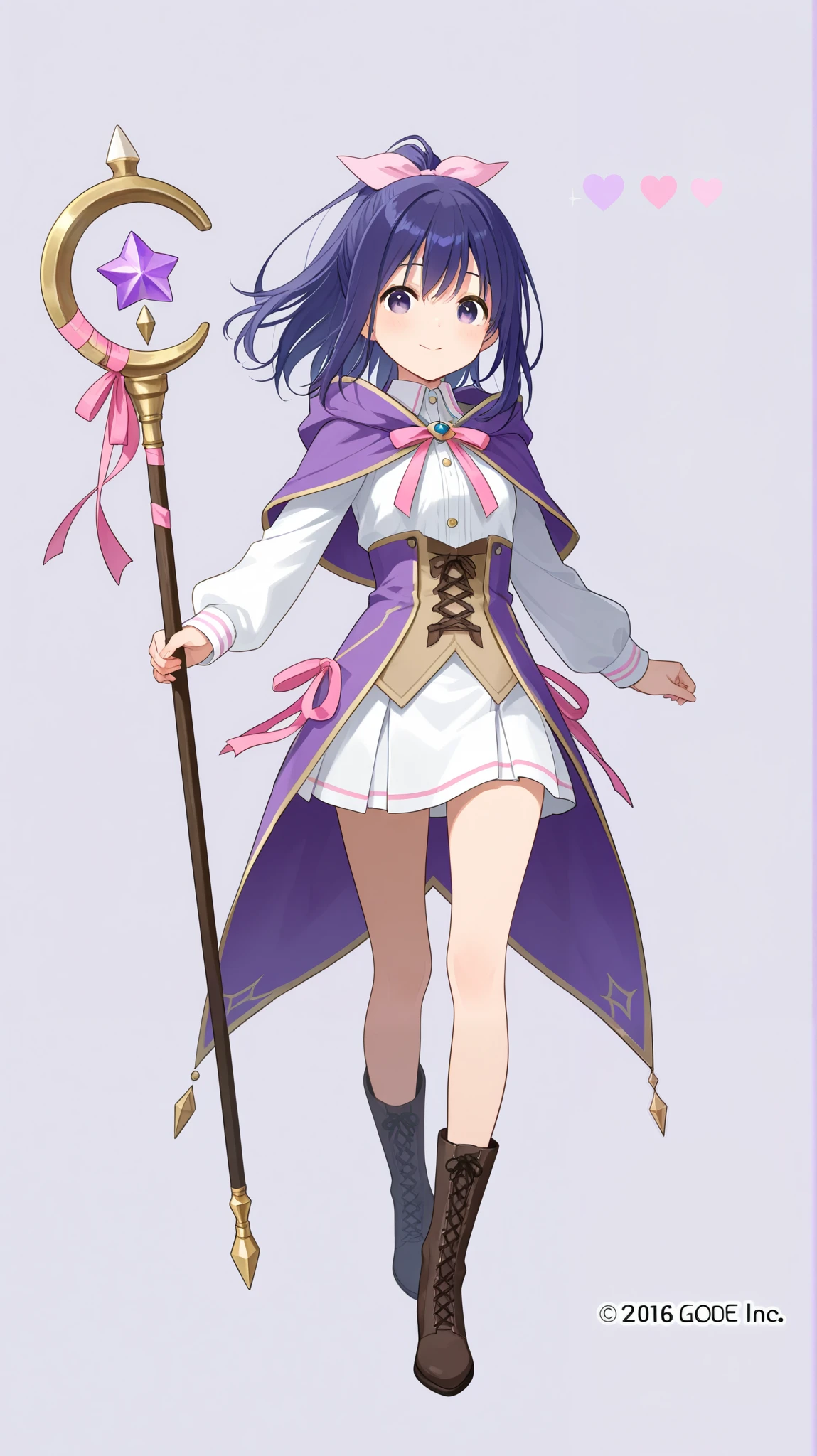 cute girl、 wizard 、ponytail、blue-purple hair、quiet girl、 wizard 、 full body view、no background、Make your eyes a little bigger、pink ribbon、