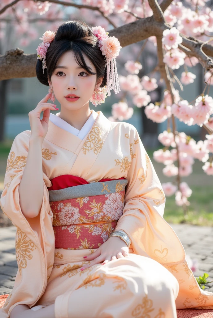 (Super detailed body, super detailed face, best quality: 1.2), beautiful Japanese female model Japanese geisha upper body, apricot white embroidered gold thread Japanese geisha gorgeous kimono, bun gorgeous headdress, solo photography photo, close-up of facial features extreme light and shadow, sitting cross-legged on a picnic mat, Japanese cherry blossom festival, leaning against a cherry tree, sunlight falling on the face, creating a quiet atmosphere, blurring the background, Tyndall