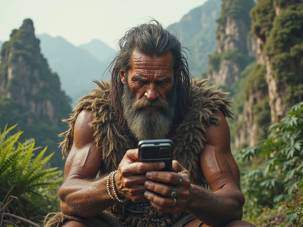 ancient color photo, year 10,000 AD, a Cro-Magnon man, is talking on a smartphone.