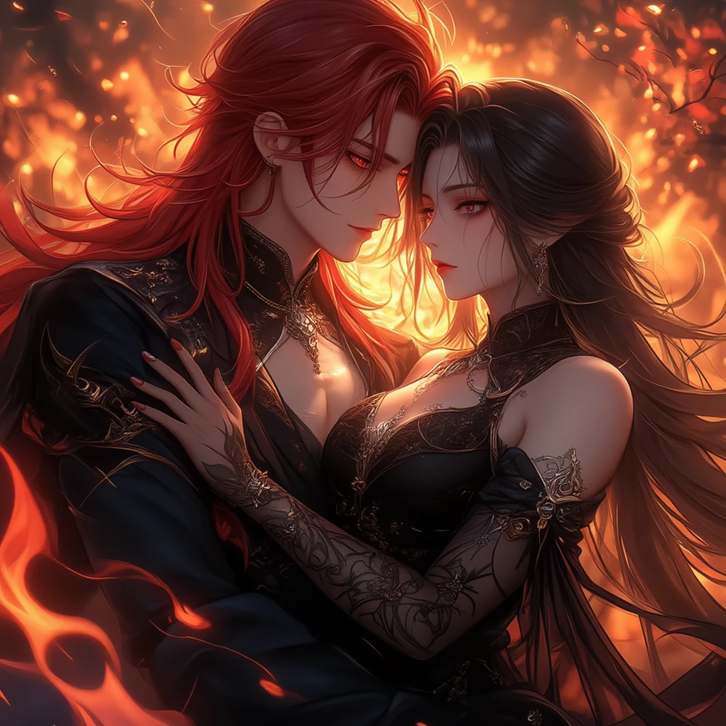 Works of art depicting fire spirits evoke a sense of vitality and passion. The body of 2 people dancing and is swallowed by red and orange 4k flames, olhos detalhados e de anime high definition, giving the impression of being in a burning fire. His silhouette is blurred by the dance of flames, e sua beleza brilha com um brilho misterioso. Her expression has depth and reveals the passion hidden within her. This work embodies the strength and fervor of the fire spirit and conveys its intense energy to the viewer, fotorrealista, obra-prima, qualidade superior, ultra detalhada, HDR, 8k