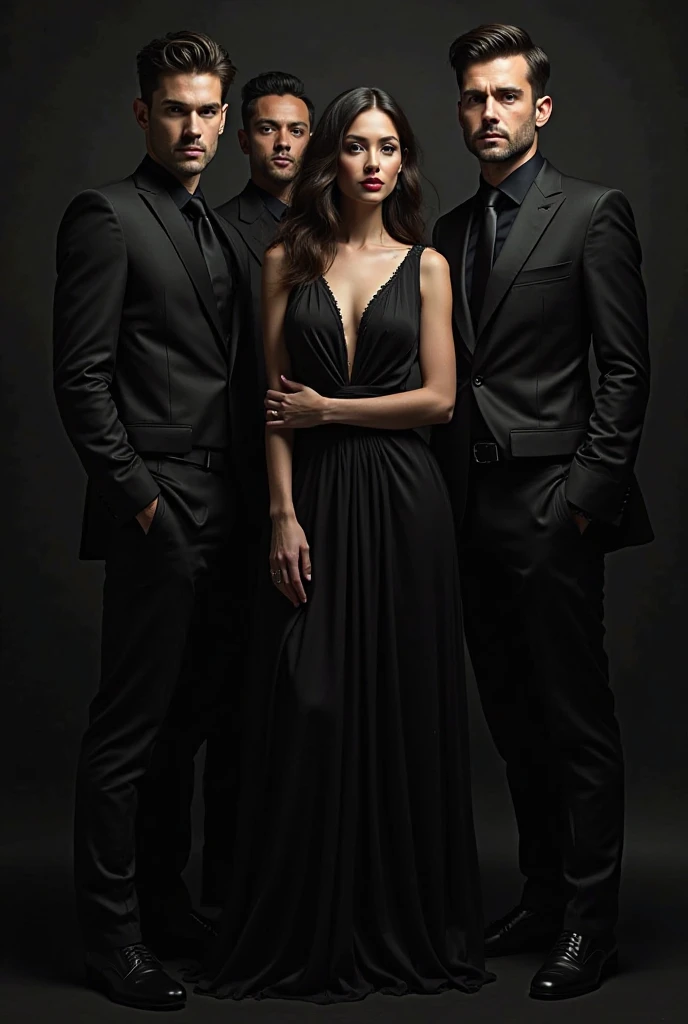 3 people, 2 men and 1 women,all young,no face, turned backwards, women in center, wore formals, Balck theme,look like book cover
One should look Manly and fit and other a bit boyish,full black theme, and no face,women should look hot and covered,no face should be shown,men's should look fit