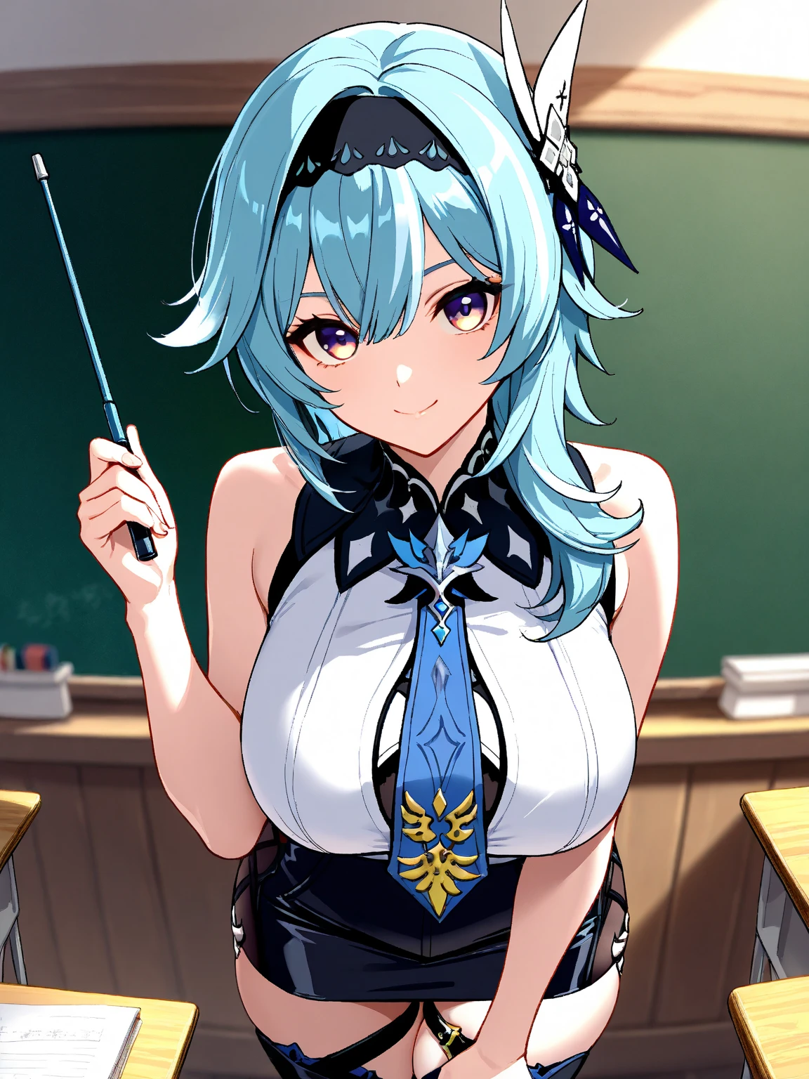 ((mahjong)),brid, Hair over one eye, Garrison Cap, earrings, neck tie, Sleeveless, sideboob barbosa, bridal gauntlets, high waist skirt, Blue Dress, 1girl in, Solo, Upper body, face to the viewer, Looking at Viewer, Smile.