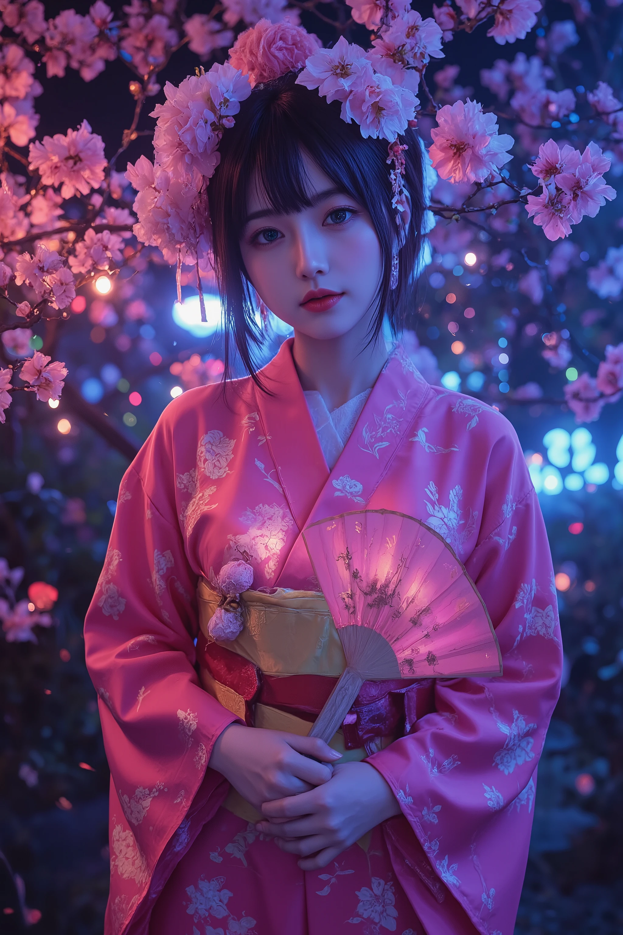 Japanese Beauty , high quality, high definition, genuine leather , beautiful face, medium hair, With arms wide open、Wear a neat kimono, Underwear and lips with fluorescent top and bottom, covers nipples、Holding a glowing fan、A Japanese cherry garden that is fantastically illuminated at night, cherry blossoms dance, lens flare, Cherry blossom petals dance on the screen, cowboy shooting