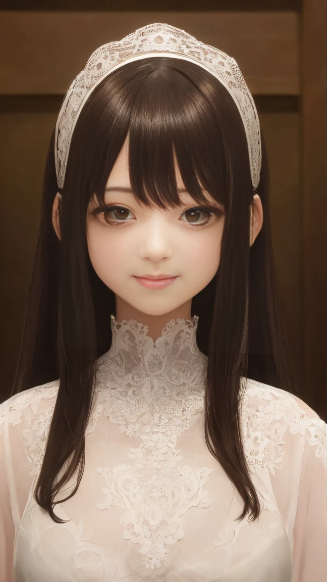 white lace, Ghibli Studio, best quality, masterpiece, Very beautiful, Perfect Composition, Intricate Details, Super detailed
High resolution, long hair,  Dark Hair, jewelry, Pink Eyes, Smile, 1 girl, looking down camera, 