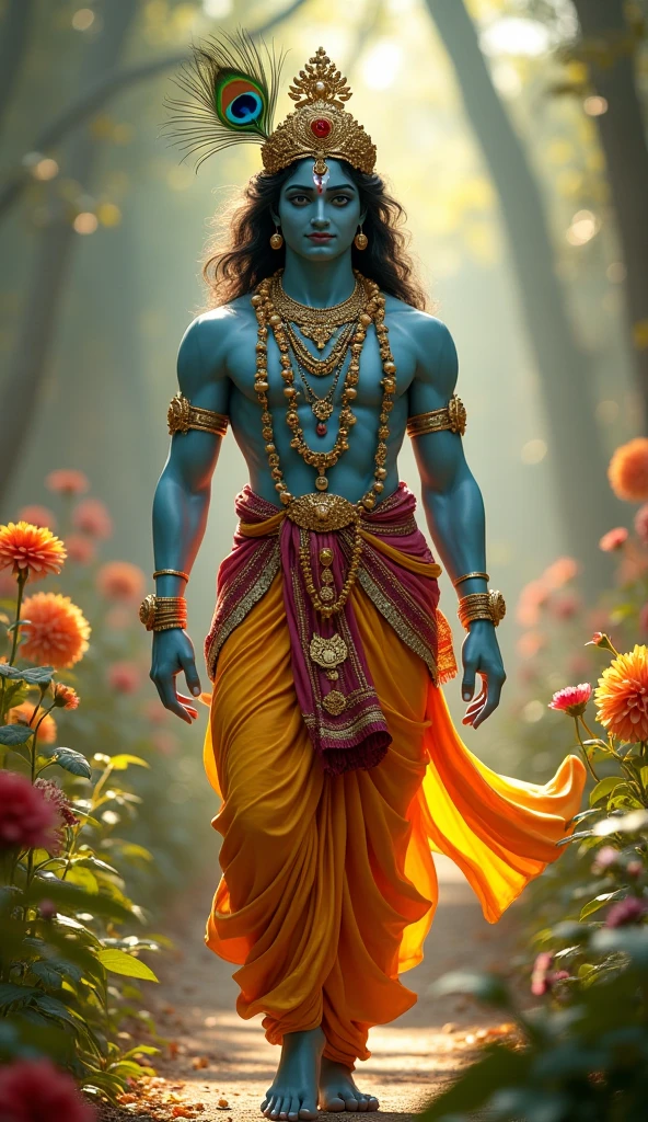 (photorealism:1.2), indian man, handsome , wearing yellow fancy dhoti, standing like indian god krishna, fluet in hand, zari ki pagdi on head with mor pankh, 
Cow in background, realistic, light blue shade on full body, celebration 