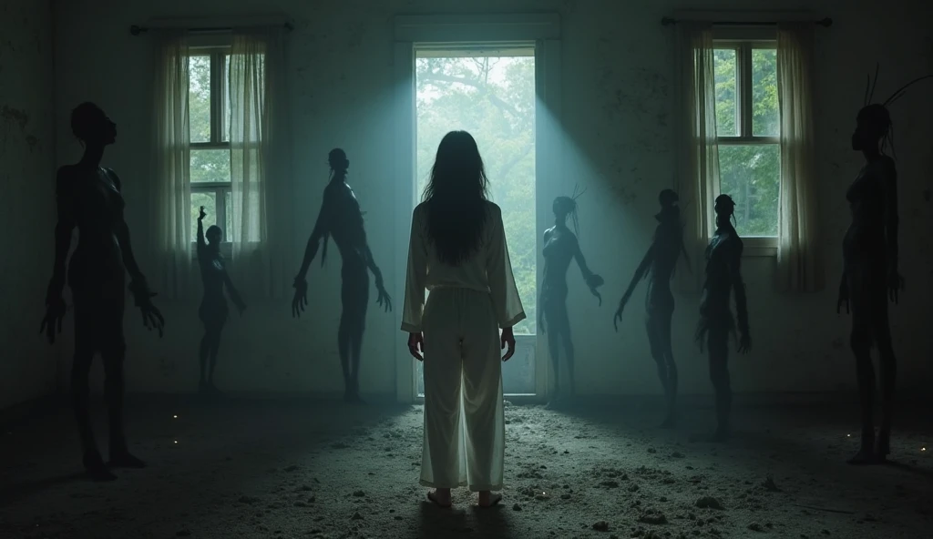 A dark image of a long-haired woman screaming in pain with her hands covering her ears while hundreds of ghost monsters scream in fury right next to her ears.