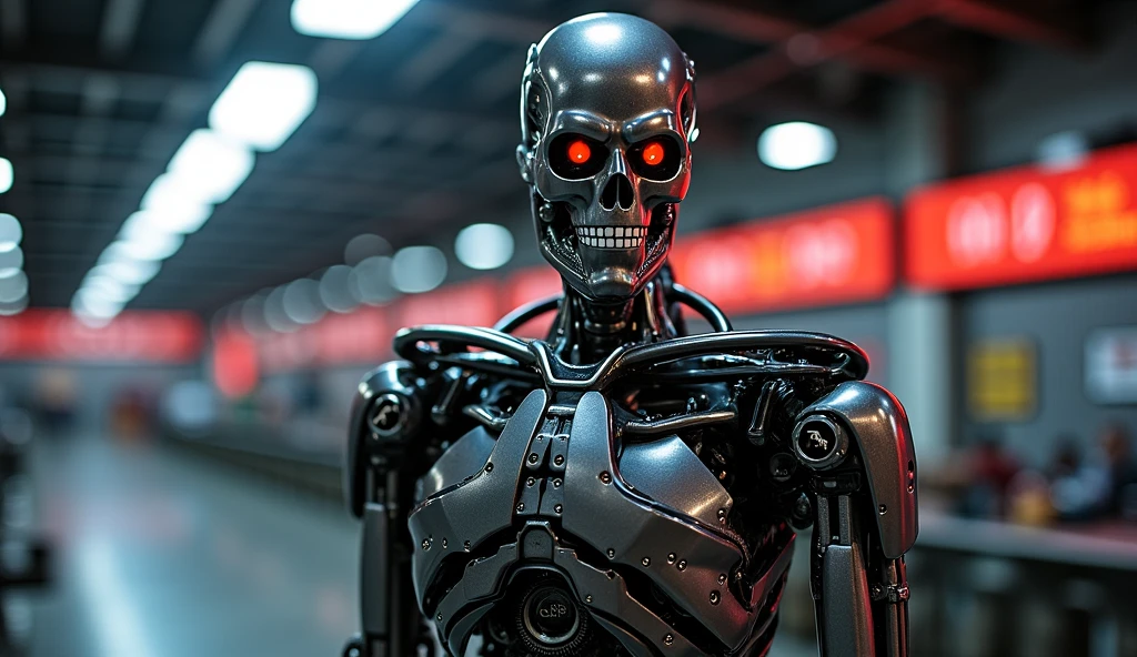 a t800 endoskeleton in a closet, close up, photorealistic, realistic, wires connected, wires hanging from the ceiling, lots of wires, dark, horror, frightening, glowing red eyes, t800, endoskeleton, industrial lighting, datacenter
