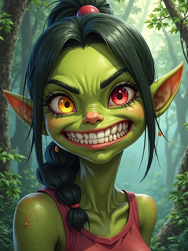 (((Top quality, 4k, 8k, high resolution, masterpiece: 1.2))), (super detailed), (realistic), (photorealistic), (photorealistic: 1.37), (HDR, UHD), (studio (lighting)), ultra-fine drawing, sharp focus, physically based rendering, highly detailed, professional, vibrant colors, perfect ditaile hand, highly detailed realistic eyes,
monster,
Orc girl, Goblin girl,
anime, cartoon, kawaii, qute,
knees, feet,
looking at viewer,
