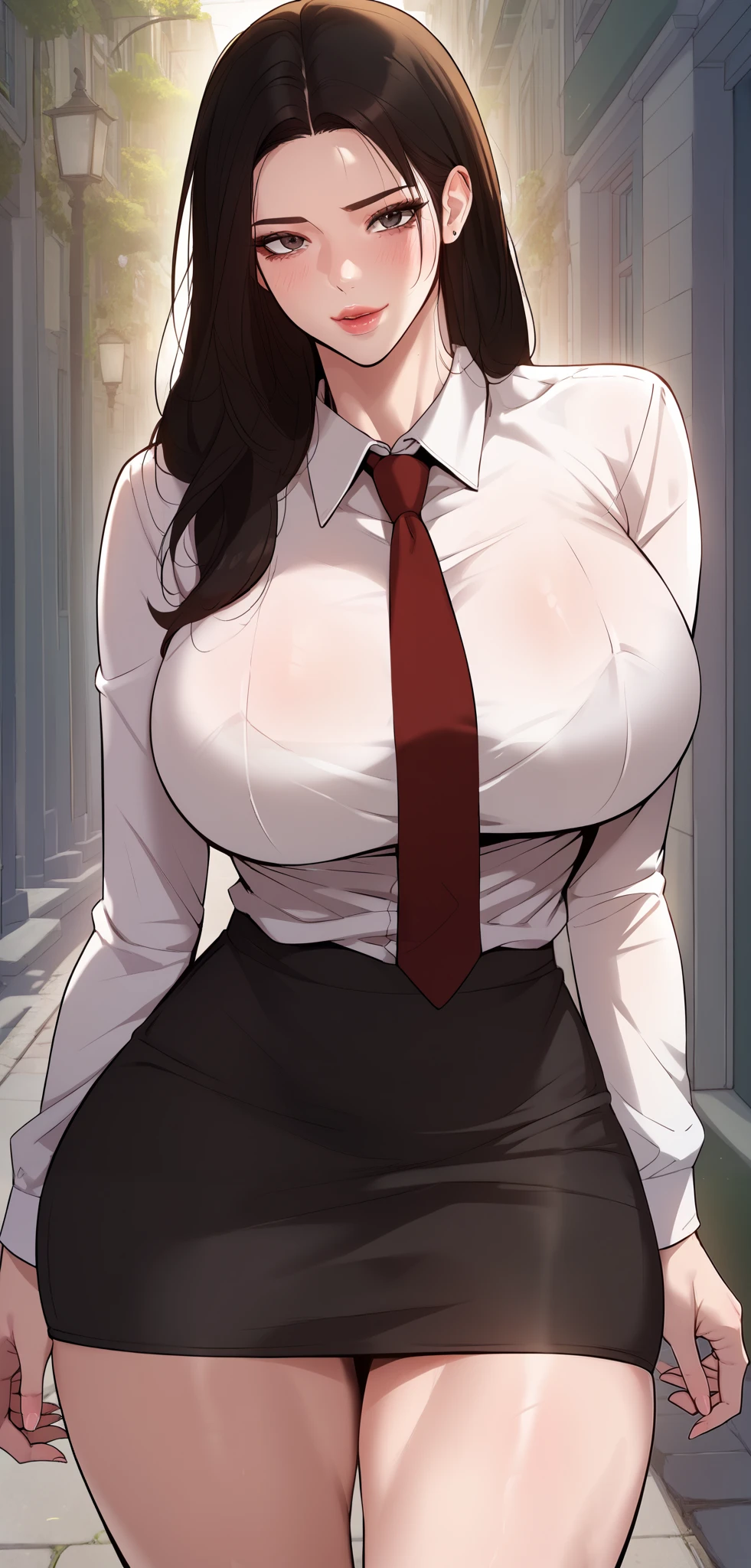 ,score_9, score_8_up, score_7_up, score_6_up, score_5_up, score_4_up, 1girl, solo, ((, huge breasts,black hair, long hair, grey eyes, black eyes, white shirt, red necktie, collared shirt, long sleeves, miniskirt, black skirt, pencil skirt,, seductive expression,(masterpiece)), Highest quality, Very detailed,(One Girl), master piece, best quality, score_9, score_8_up, score_7_up, score_6_up, score_5_up, score_4_up, masterpiece, best quality, very aesthetic, absurdres, Score_9, Score_8_up, Score_7_up, Score_6_up, Score_5_up, Score_4_up, Source_anime, Tag1, Tag2, Best quality, High quality, Detailed, High resolution, 8k, Ultra high res, Soft saturation, Professional quality, Perfect contrast, Perfect lighting, Anatomically correct, Huge breasted, Wide hips, Gargantuan butt, Sensual woman, young female, seductive BREAK Face focus, detailed face focus,(nsfw:1.3), slutty expression, sexy look,horny face, standing, front view,
