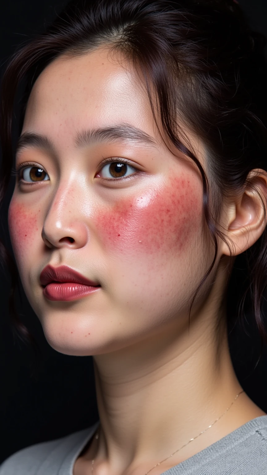 A man head stuck in Mai shiramui breast blush face