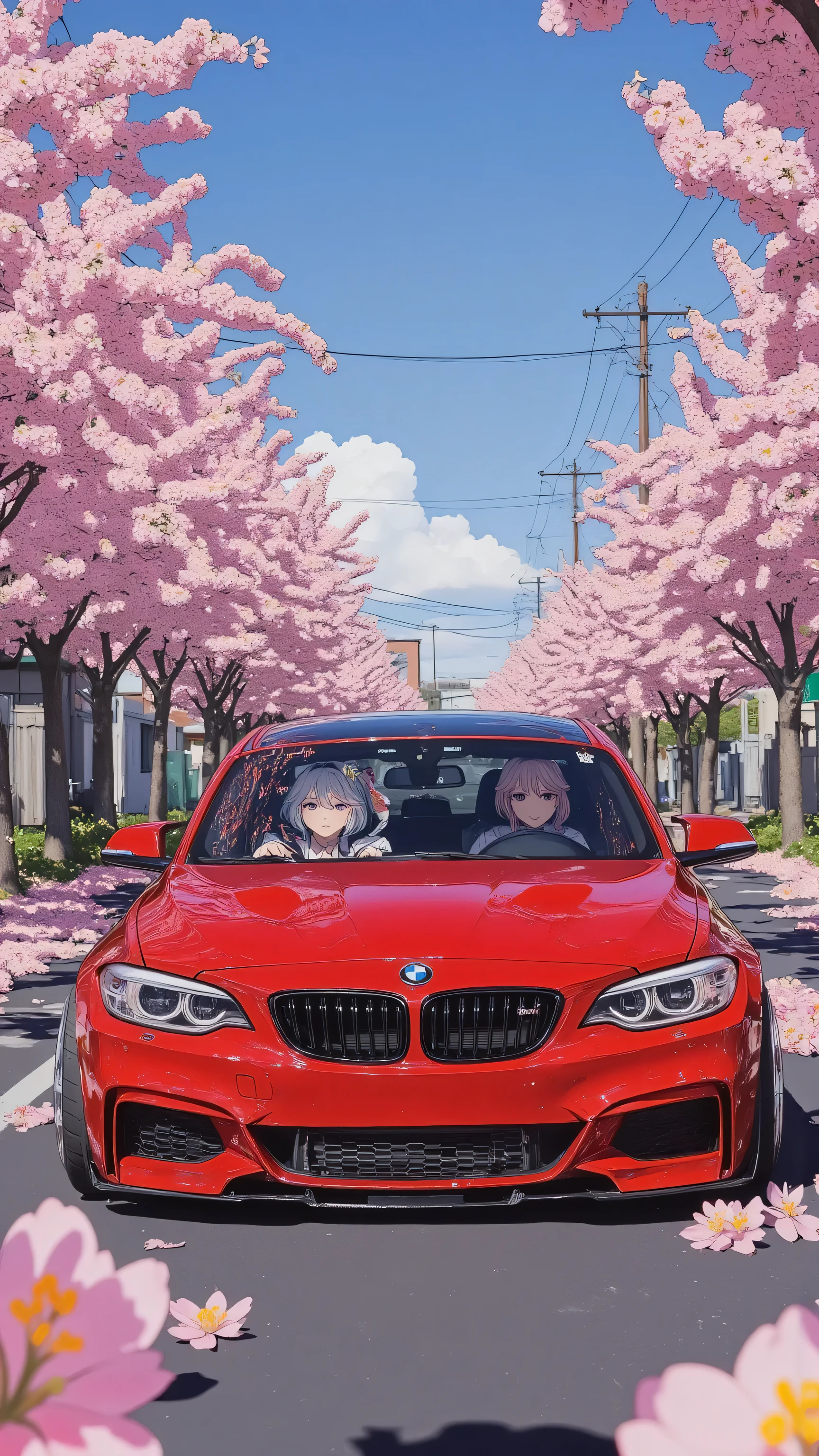 Red BMW 125i modification,wide body and negative wheel base wheels, painting an anime woman,Furina_Genshin,A girl cosplays Funina while sitting in a car and driving,The car is driving on a road full of flowers
