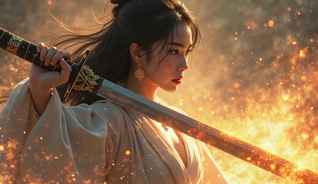 Highest quality 8K Japanese Beautiful Girl Fantastic World Fantastic costumes Fantastic Background Long shot whole body Fantastic Building Fighting stance Sweat gushing forth Disheveled Hair heavy breathing Carrying a weapon The figures are small