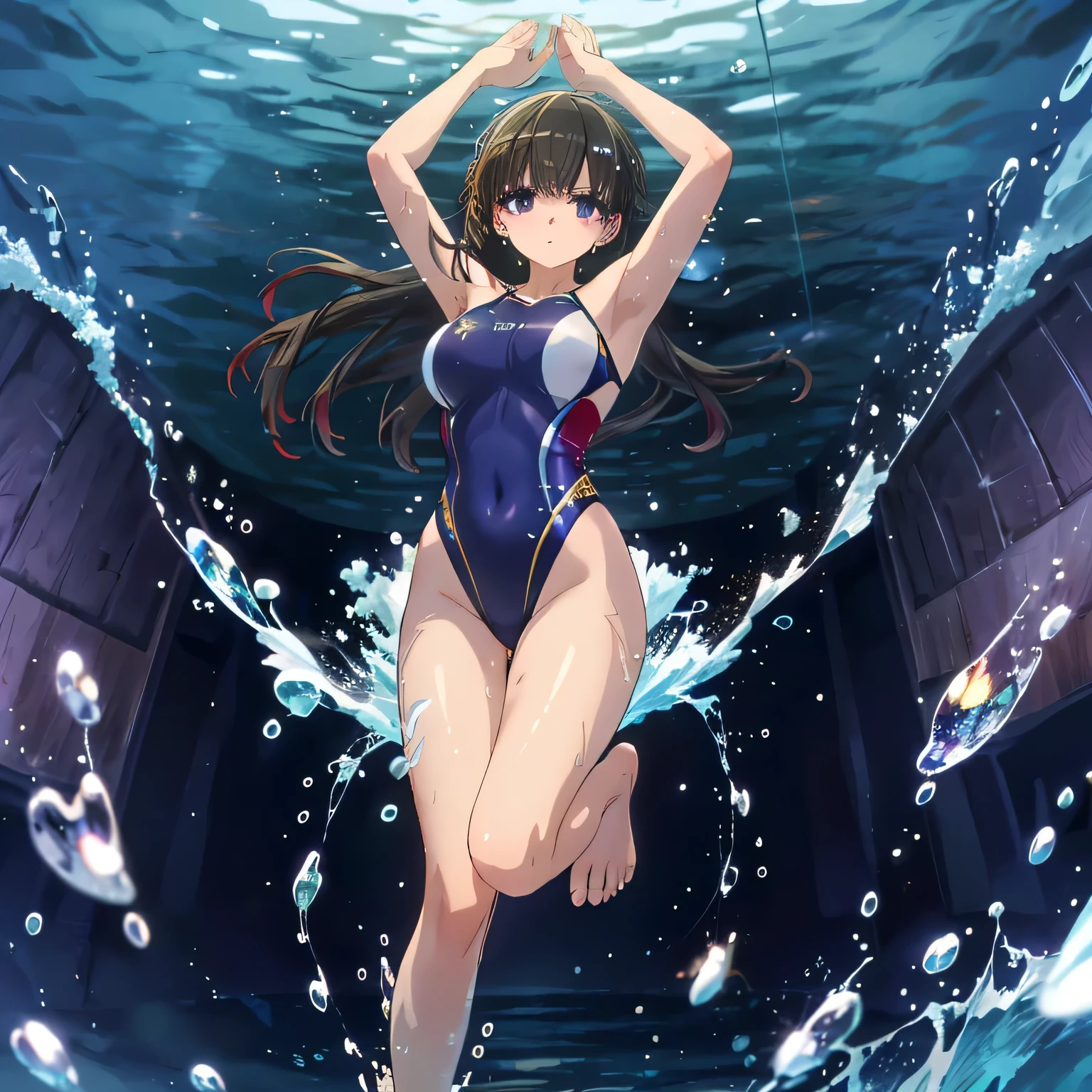 Depict a 20-year-old, breathtakingly beautiful woman performing synchronized swimming in a crystal-clear pool. She wears a stunning, form-fitting swimsuit adorned with sparkling embellishments, designed for both elegance and functionality. Her body moves in perfect harmony with the water, arms extended gracefully, legs executing a precise movement. The water ripples around her, reflecting the bright lights of the aquatic arena, creating a mesmerizing scene of beauty and strength. dark hair, long hair, purple eyes.