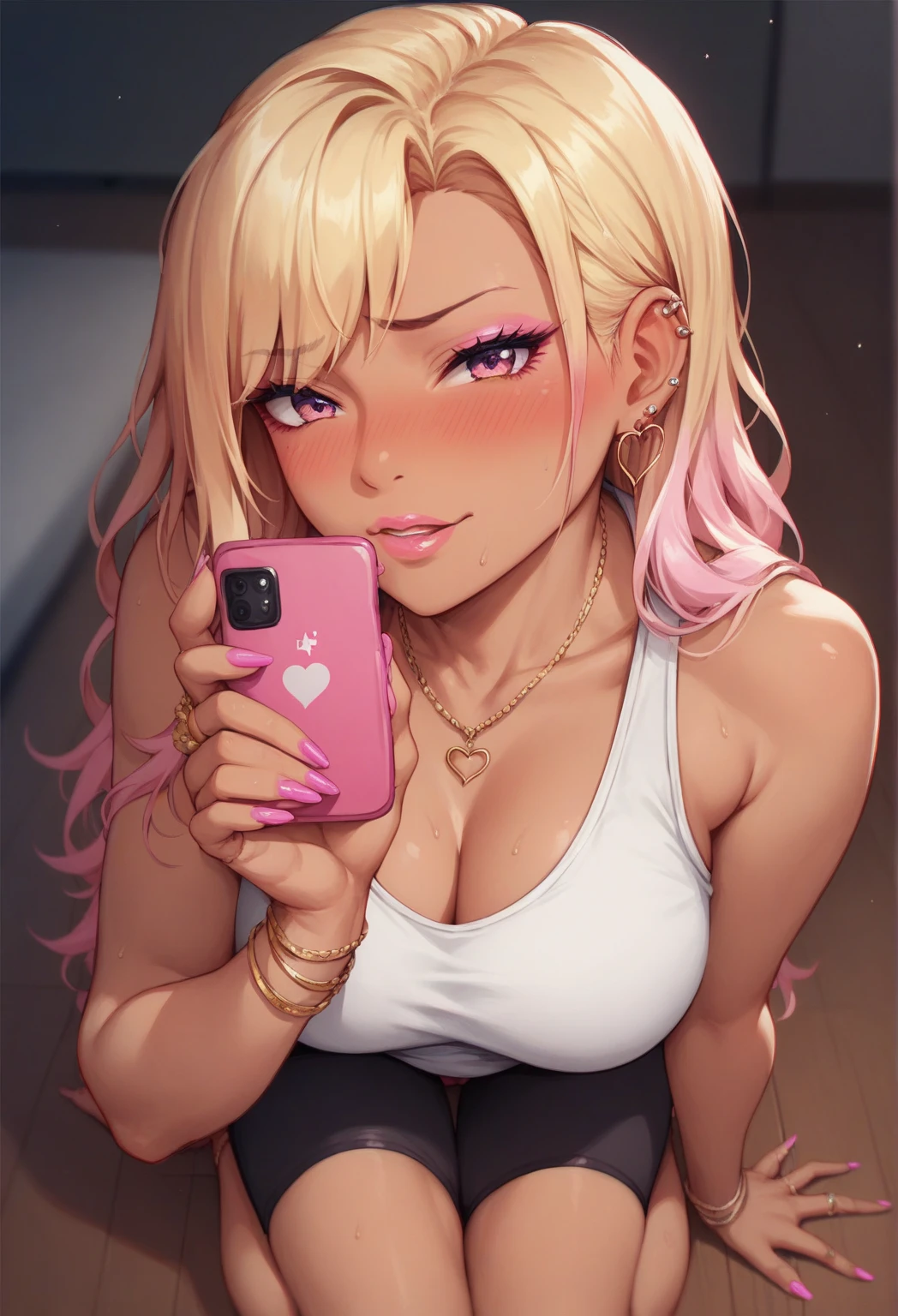 ((sexy girl ,gyaru))nsfw,glamorous, yoga wear.point the smart phone,embarrassed,blush,looking at viewer