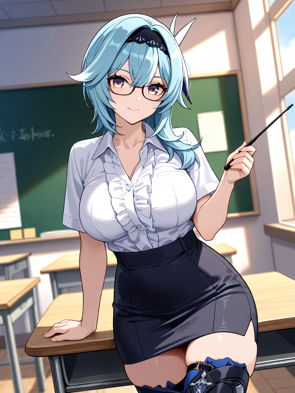 A busty doctor in a bra in a classroom administering a vaccine to a student smiling kindly