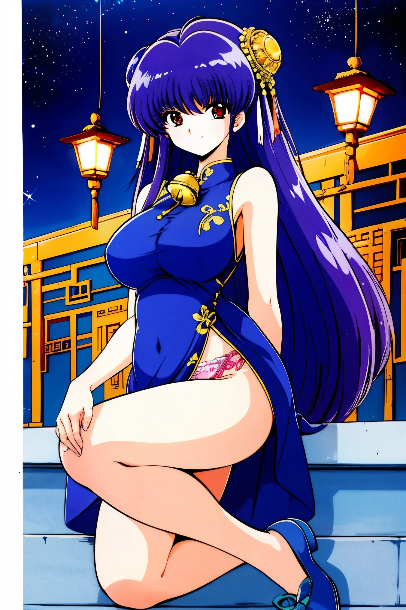 1990s \(   style\), 1990s anime cels    style,    top quality ,    high image quality, (   big eyes:1.2),    girl, ,    is embarrassing, smile,    score_9,  score_8_up ,  score_7_up 、 masterpiece、 top quality、 latest、 absurd、 Close, 最 high image quality, 8k,  girl,  detailed eyes、 beautiful、 detailed background、   Perfect Eyes、purple hair , long hair、side lock,  bell hair ornament、 bob hair、  Double bang hair   、ribbon、 RED EYES,(slender,busty), blue Chinese clothing,Blue clothes,blue china short dress  ,sleeveless,blue chinese shoes、Her thighs are in full view ,(outdoor, starry sky),妖艶なsmile,nude,pink panties,pussies,Love juice