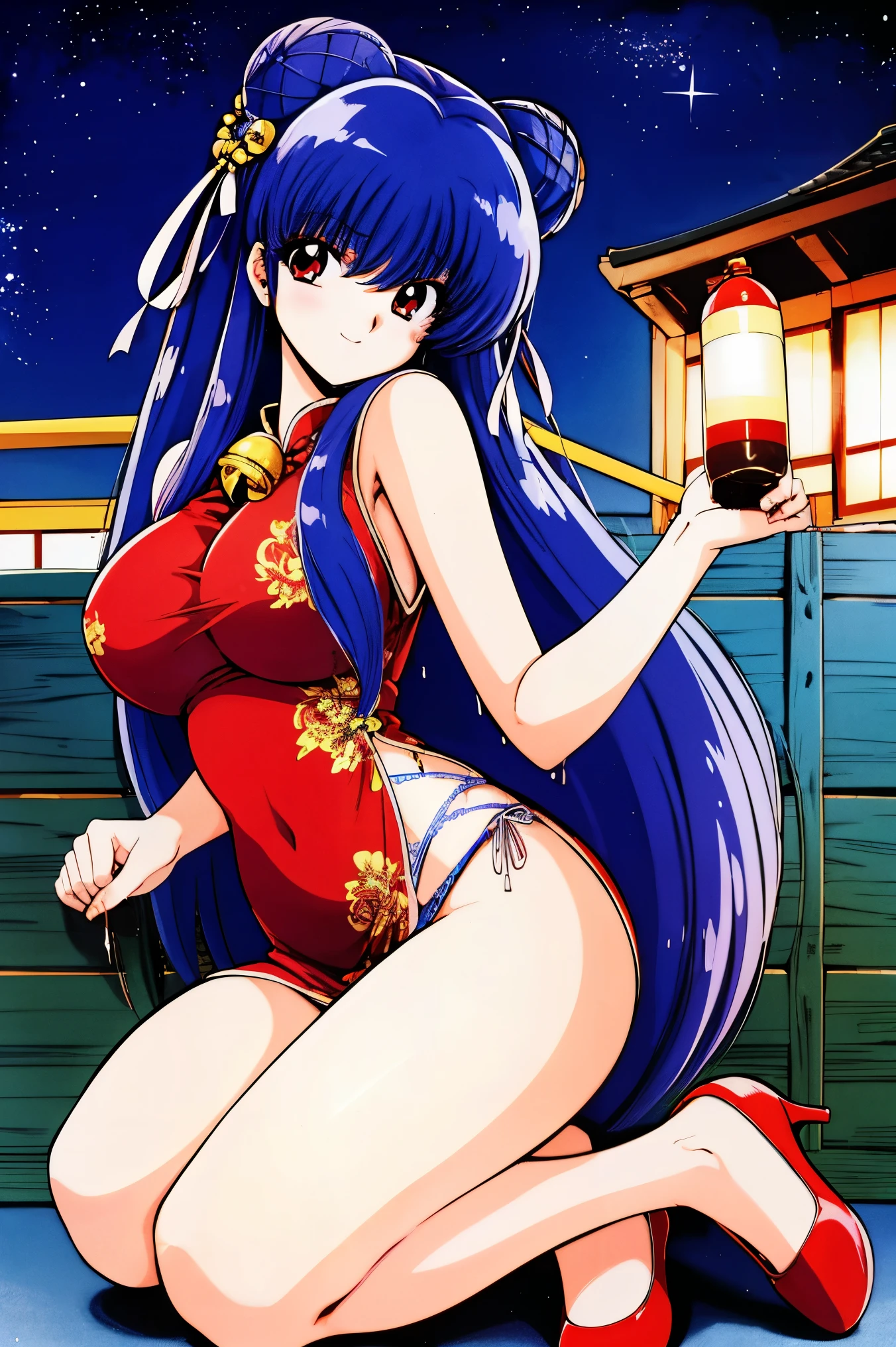1990s \(   style\), 1990s anime cels    style,    top quality ,    high image quality, (   big eyes:1.2),    girl, ,    is embarrassing, smile,    score_9,  score_8_up ,  score_7_up 、 masterpiece、 top quality、 latest、 absurd、 Close, 最 high image quality, 8k,  girl,  detailed eyes、 beautiful、 detailed background、   Perfect Eyes、purple hair , long hair、side lock,  bell hair ornament、 bob hair、  Double bang hair   、ribbon、 RED EYES,(slender,busty), blue Chinese clothing,Blue clothes,blue china short dress  ,sleeveless,blue chinese shoes、Her thighs are in full view ,(outdoor, starry sky),妖艶なsmile,nude,pink panties,pussies,Love juice