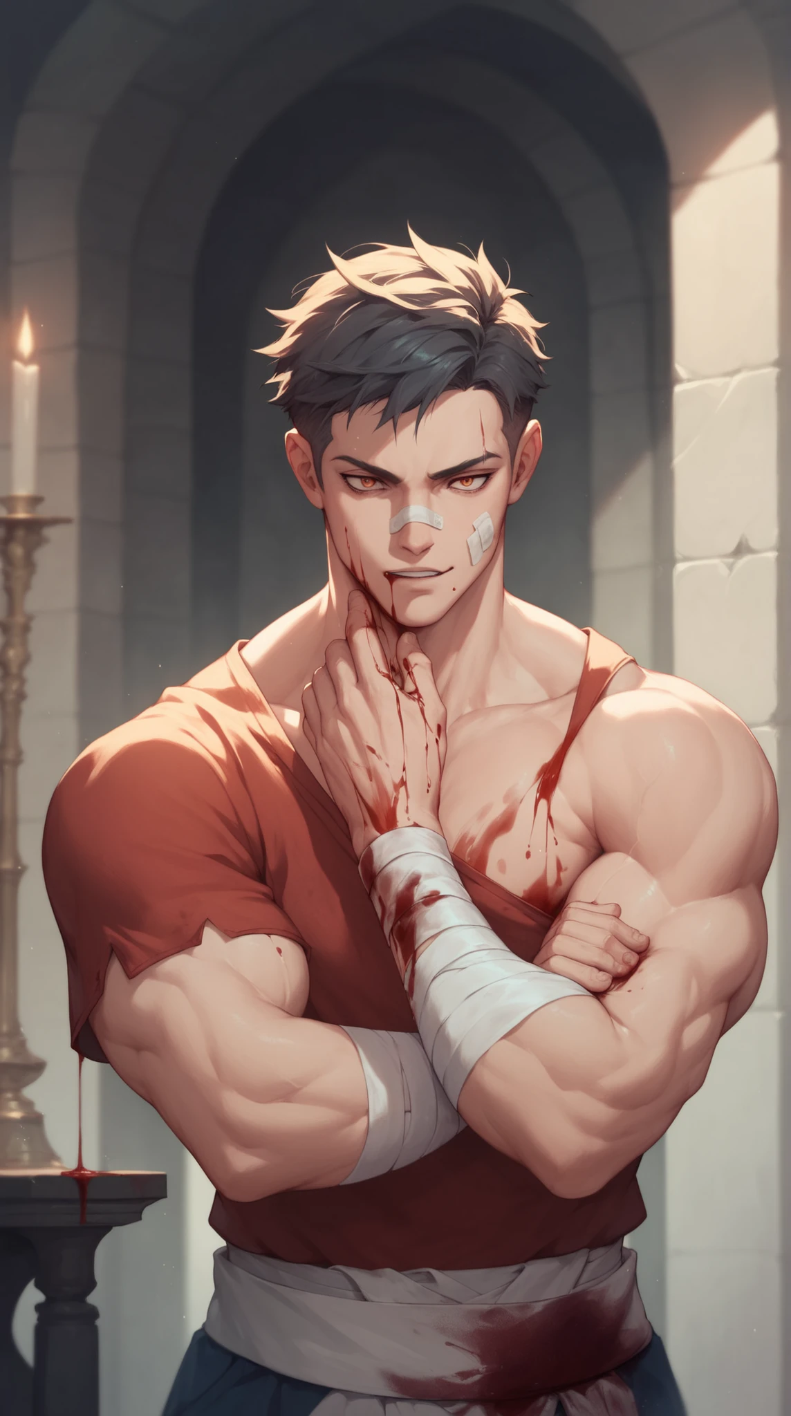best quality, masterpiece, handsome mature man, bites lip, bronzed tan skin, (bleeding cuts and bruises), wearing ancient roman gladiator armor, bulge, seductive pose, in dark sleeping quarters, sexy, gay, homoerotic, best view, perfect fingers, no watermark, no logo, no signature