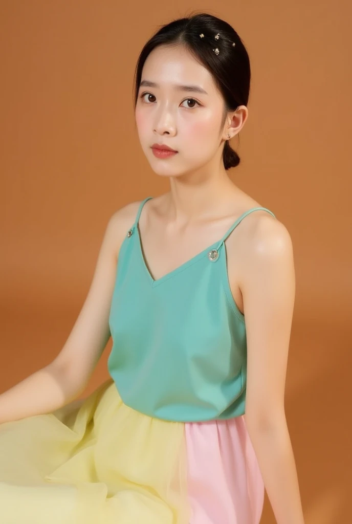   posing for photo, whole body, A soft blouse,The lower half is nude, good, The body is slim, Small Bust, Overgrown pubic hair,Open labia,Slim girl model, 24-year-old female,Film studios, The group of men around me had their erect penises out.,High definition