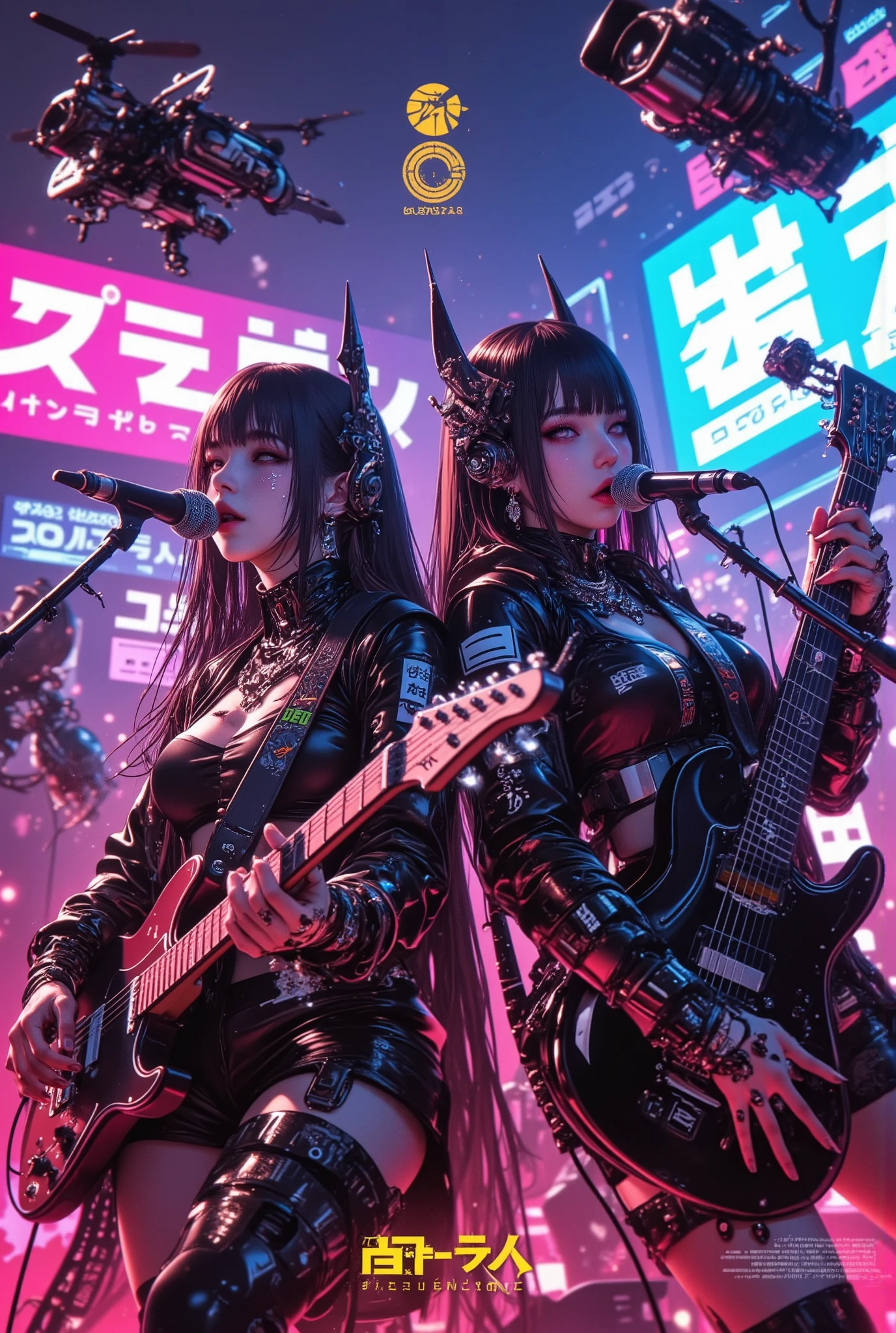 ((two-girls singing and play on electro-guitars in scene)), clothes mix sci-fi and neon plastic, sci-fi accessories, ((around flying robo-cameras)), (location neon concert in Alien planet), realistic-Aneme style, good quality, detailed