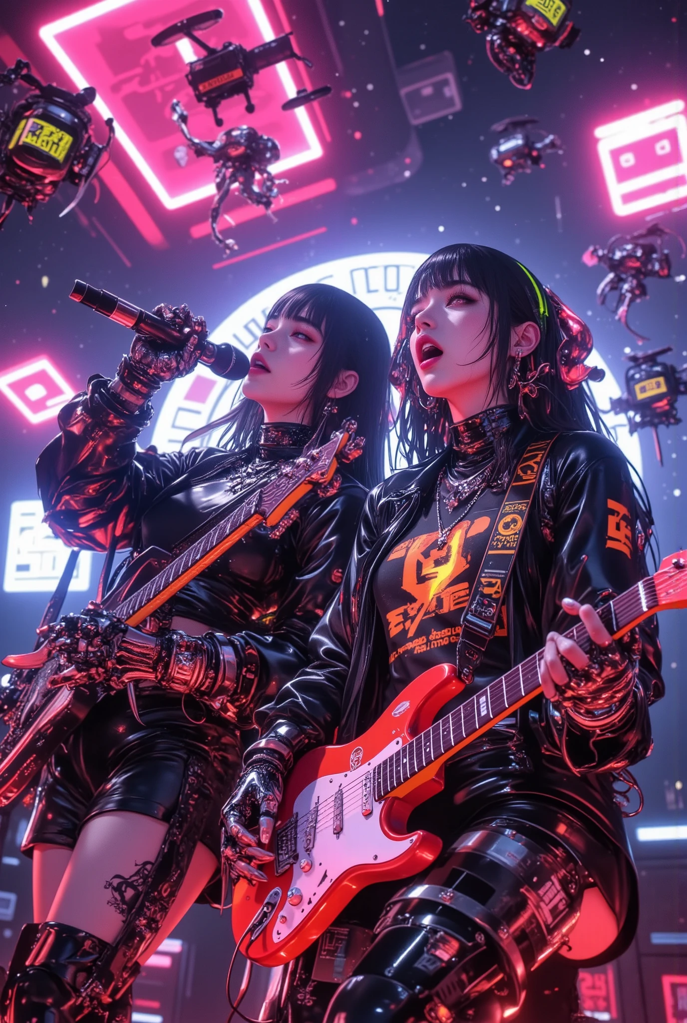((two-girls singing and play on electro-guitars in scene)), clothes mix sci-fi and neon plastic, sci-fi accessories, ((around flying robo-cameras)), (location neon concert in Alien planet), realistic-Aneme style, good quality, detailed