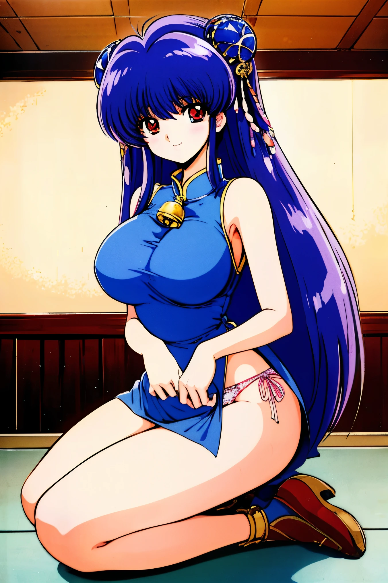 1990s \( style\), 1990s anime cels style, top quality , high image quality, ( big eyes:1.2), girl, , is embarrassing, smile, score_9, score_8_up , score_7_up 、 masterpiece、 top quality、 latest、 absurd、 Close, 最 high image quality, 8k, girl, detailed eyes、 beautiful、 detailed background、 Perfect Eyes、purple hair , long hair、side lock, bell hair ornament、 bob hair、 Double bang hair 、ribbon、 RED EYES,(slender,busty), blue Chinese clothing,naked,,Blue clothes,blue china short dress ,sleeveless,blue chinese shoes、Her thighs are in full view ,(indoor, starry sky),妖艶なsmile,nude,pink panties,pussies,Love juice