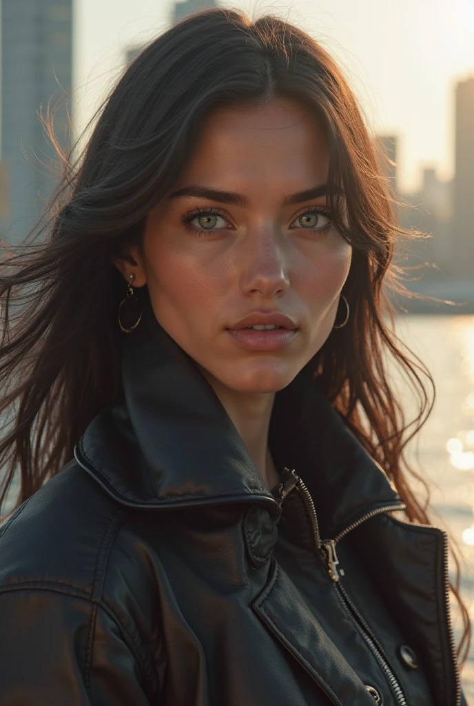 Close up upper body shot,Super Detailed midbody image of Megan Fox wearing a hijab, fierce look, leather jacket, standing in a turkish marketplace, perfect make-up, looking away from camera, cannon 6d, octane render, striking, expressive look, alluring look, determined look, strong eyeliner, mesmerizing eyes, elegant, graceful, natural beauty, magnetic, charismatic, versatile, photogenic, backlit