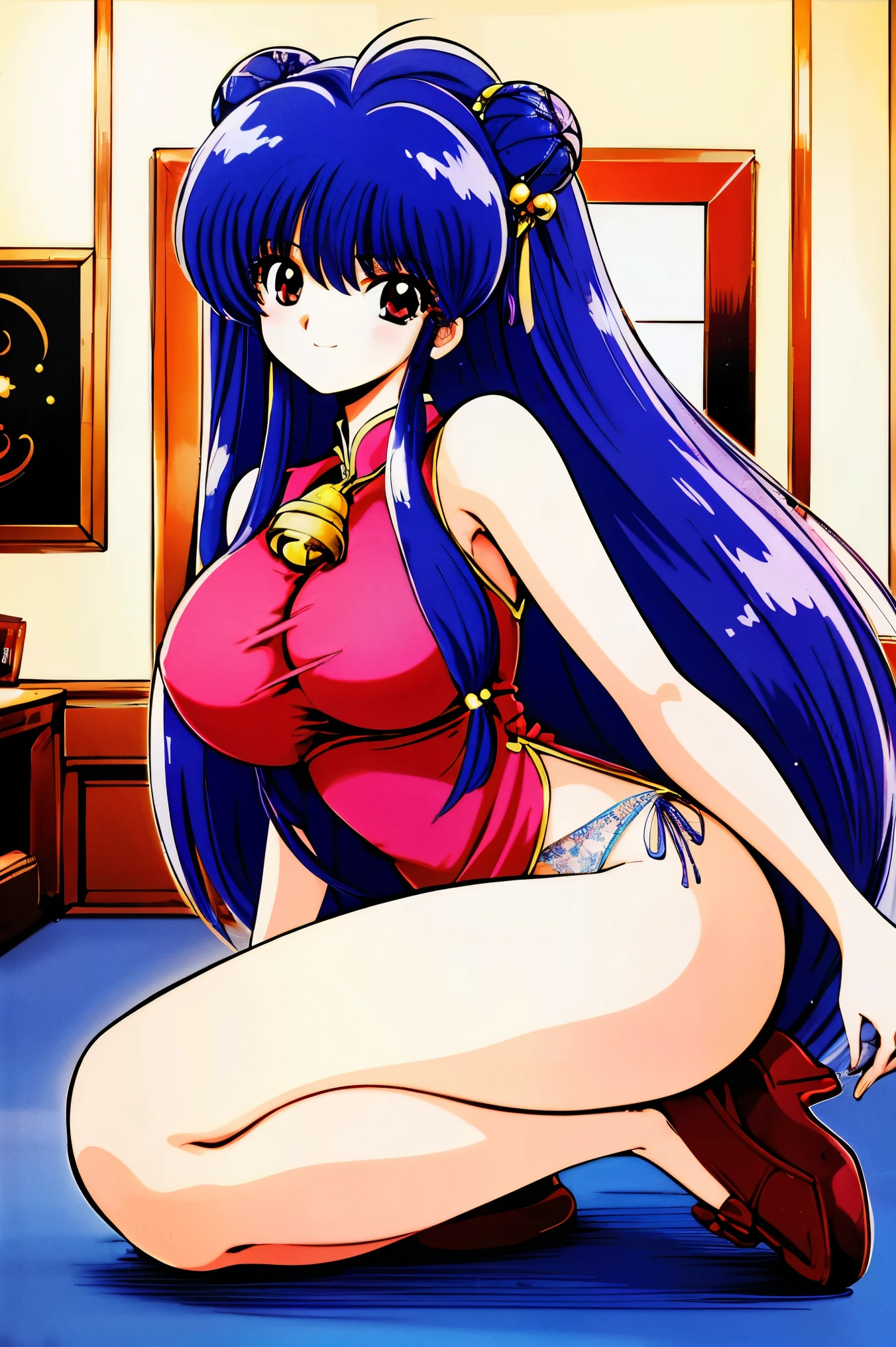 1990s \( style\), 1990s anime cels style, top quality , high image quality, ( big eyes:1.2), girl, , is embarrassing, smile, score_9, score_8_up , score_7_up 、 masterpiece、 top quality、 latest、 absurd、 Close, 最 high image quality, 8k, girl, detailed eyes、 beautiful、 detailed background、 Perfect Eyes、purple hair , long hair、side lock, bell hair ornament、 bob hair、 Double bang hair 、ribbon、 RED EYES,(slender,busty), blue Chinese clothing,naked,,Blue clothes,blue china short dress ,sleeveless,blue chinese shoes、Her thighs are in full view ,(indoor, starry sky),妖艶なsmile,nude,pink panties,pussies,Love juice