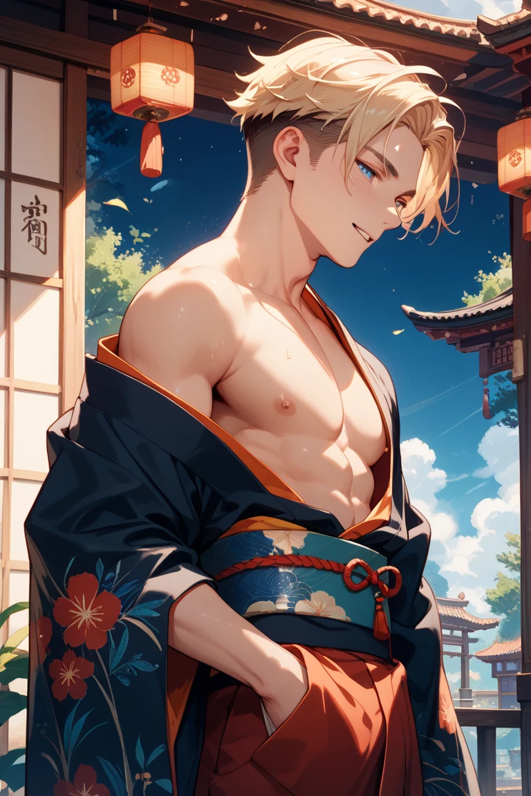 A handsome tall man fly in flowers, He is 28 years old,Thin waist,The pectoral muscles are well developed, He is 175cm tall,Weight 62 kg、yellow-green eyes、brown hair color、short hair、Shirtless、((underwear,thigh,look into camera, smile))、looking into camera,Gangster,Late Night,Japanese-style room,Tatami,Japanese flowers,Paper doors,lantern,Kimono top,pocket cloth,Gorgeous black Japanese totem tattoo,(super high angle shot),Gorgeous Japanese totem background,Japanese flower arrangement,Japanese-style screen,Rich scene decorations,((((men bulge))))