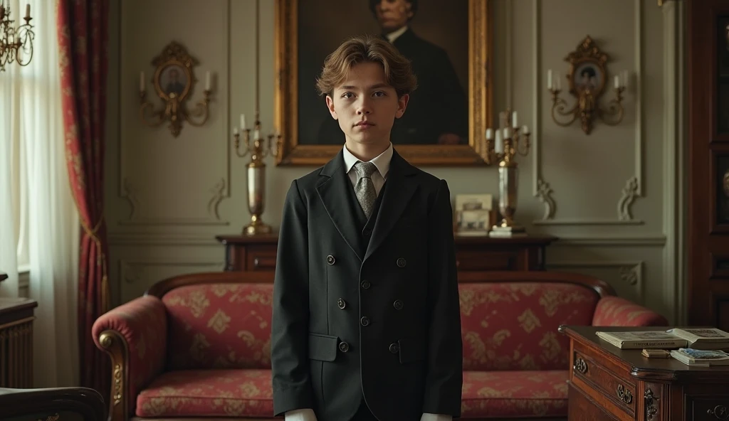 Masterpiece best quality A ten year old boy short light brown hair blue eyes sad and serious look white skin fine features boy handsome male fine European features fine clothes elegant formal well dressed formal living room luxurious classic elegant dark clothes gray oxford inside of a Roman Catholic temple or