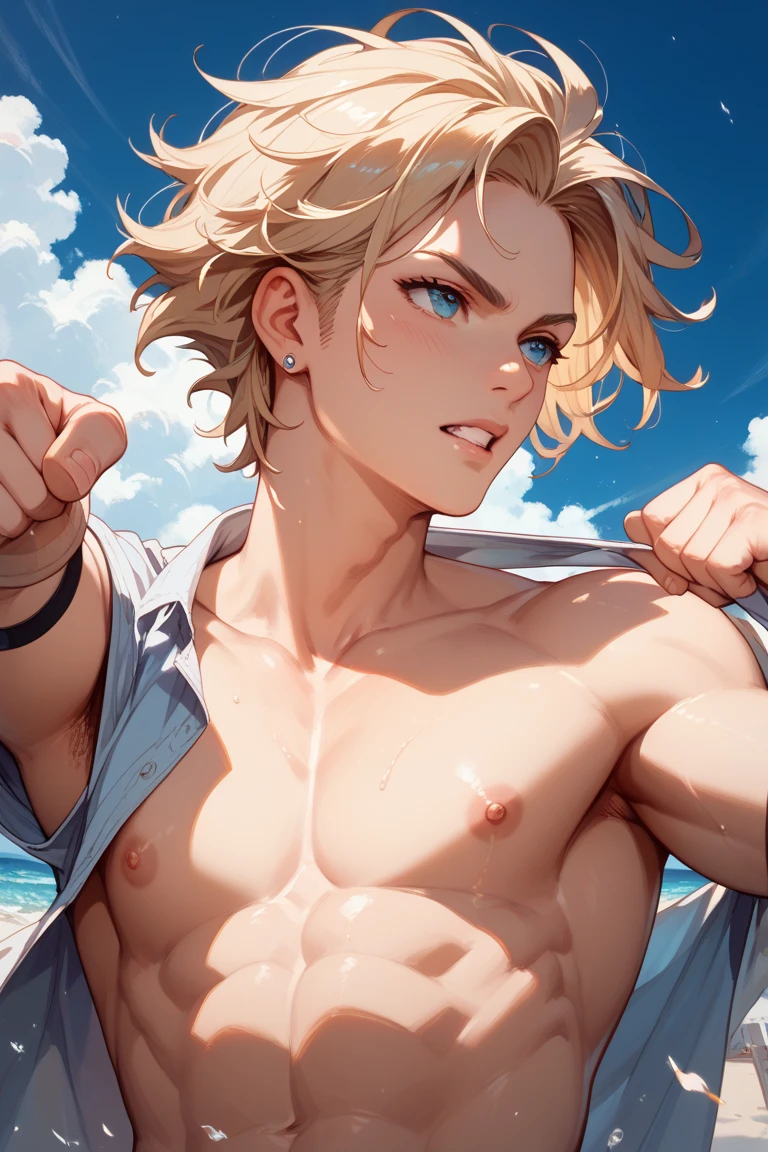 manhwa art style, best quality, masterpiece, 8K, HD, young man, spiky blond hair, sexy, gay interest, homoerotic