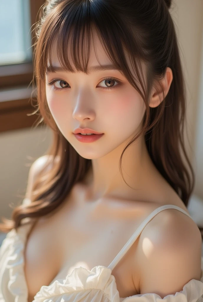 finely detail, hight resolution, hightquality、Perfect dynamic composition, Beautiful detailed eyes,poneyTail,Natural Color Lip,Kamimei、20 years girl、1 persons、Transparent skin、Glowing hair、masutepiece, Best Quality, Illustration, Ultra-detailed, finely detail, hight resolution, 8K、The correct state of the human body、randome pose、Gravure Model Pose,Hair soaring in the wind、Underwear,length hair,Big Tits,gigantic cleavage breasts, Pink lace underwear,Bold sexy poses,Colossal tits、up of face、front facing