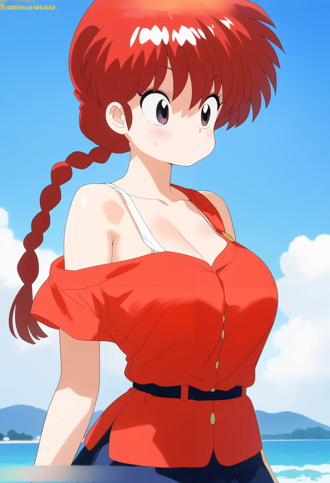 Saotome Ranma , Redhead, Braiding Hair, large , , Red vest, Off Shoulder , Rift, 巨 large 胸部, Round, inflatable and overfilling , large implants, sexy belly, easy , tank top Off Shoulder , Off Shoulder shirt , stands, clothes wrapped around very tight chest, pretty face, posing in sexy poses, beautiful woman,