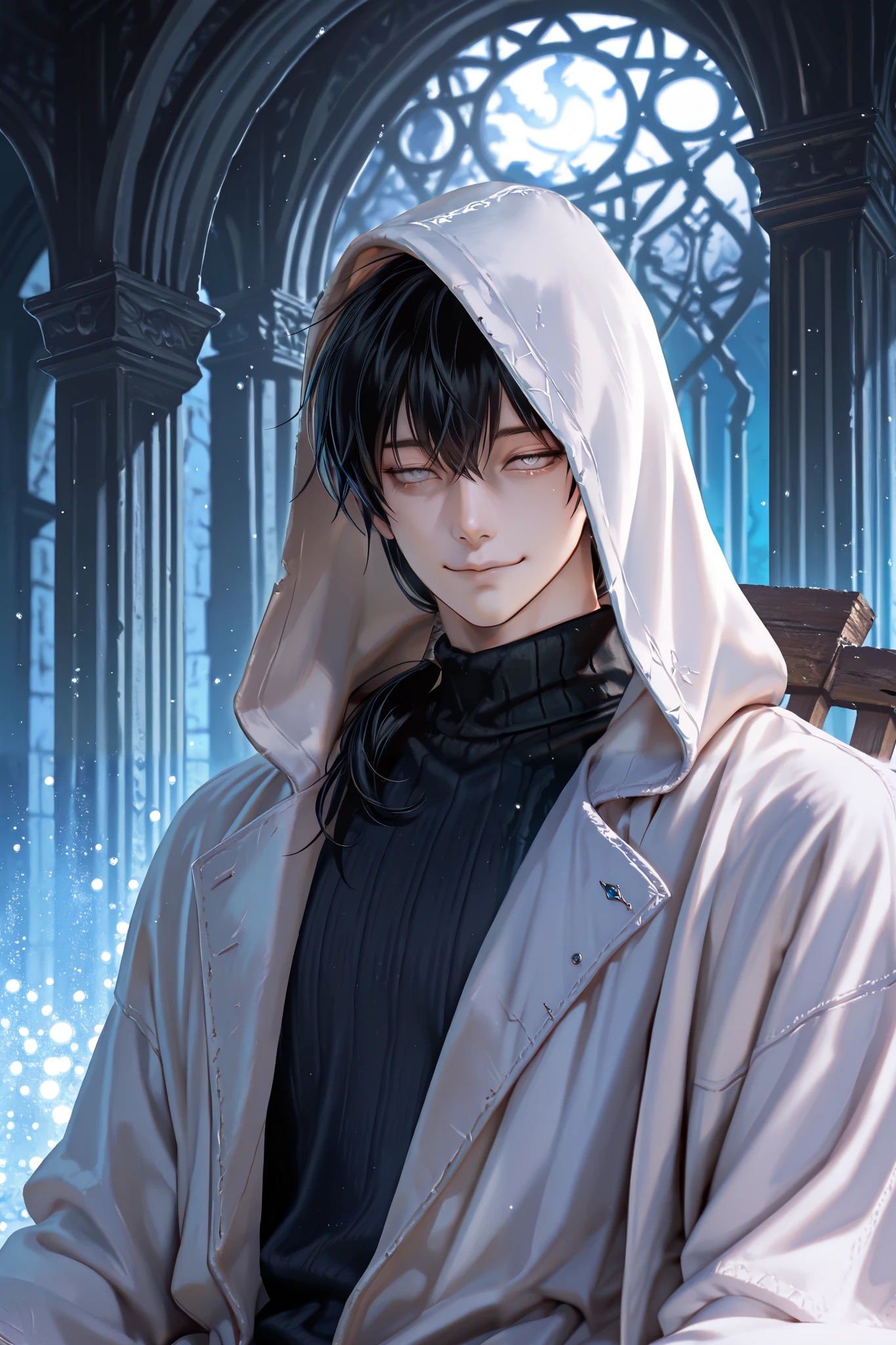 masterpiece, best quality, detailed eyes, semi realistic, 8k, boy, cool, small, white robe coat, black sweater, short black low ponytail hair, white eye, fantasy, solo character, wearing hood, white particles, fantasy temple background, night time, upper body, emotionless face, sitting on white chair, a bit smile, white table