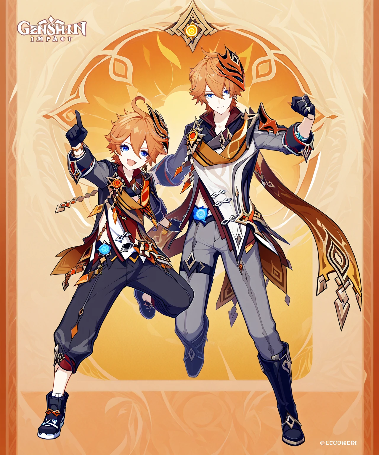 masterpiece, Best Quality, Tartaria  (Genshin Impact),  gloves, mask, Male Highlights, Eldest son, blue eyes, black  gloves, alone, orange hair, amount, jacket, hair between eyes, jewelry, scarf,full body